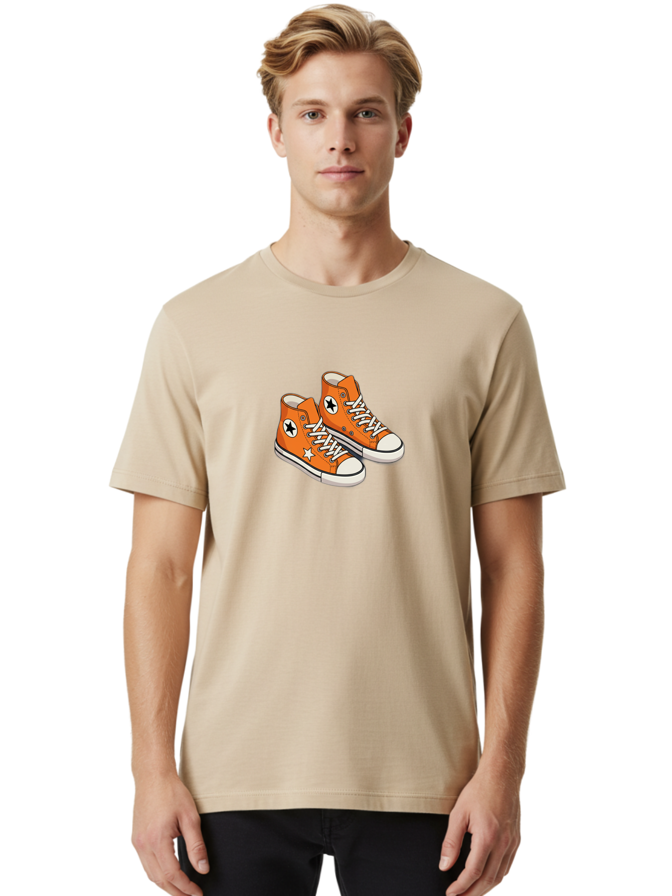 Orange-High-Tops Men'S Graphic Tee, 100% Cotton, Comfortable Casual Summer Wear, Machine Washable, Orange Sneakers, White Laces, Black Star Logo, White Star, Casual Footwear, Comfortable Shoes, Athletic Wear, Fashion Sneakers, Street Style Bab055