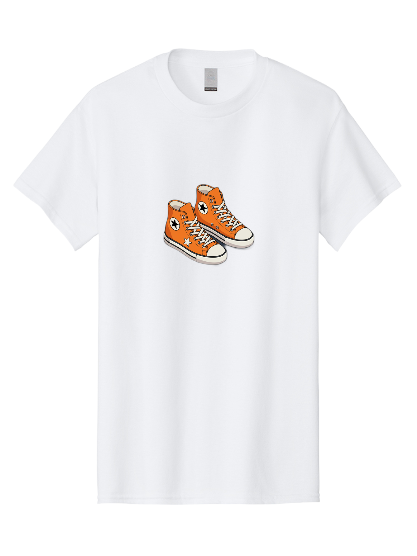 Orange-High-Tops Men'S Graphic Tee, 100% Cotton, Comfortable Casual Summer Wear, Machine Washable, Orange Sneakers, White Laces, Black Star Logo, White Star, Casual Footwear, Comfortable Shoes, Athletic Wear, Fashion Sneakers, Street Style Bab055