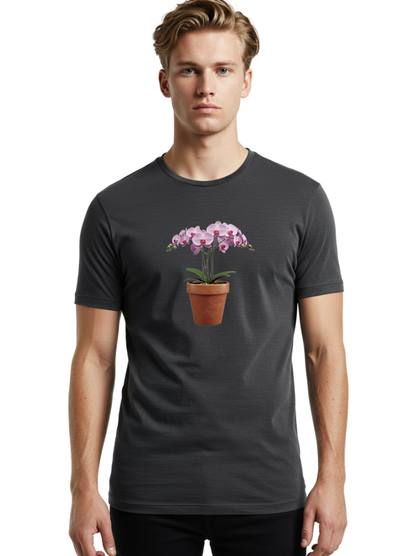 Orchid-In-Pot Men'S Graphic Tee, 100% Cotton, Comfortable Casual Summer Wear, Machine Washable, Orchid Flowers, Pink Blooms, Terracotta Pot, Indoor Plants, Floral Arrangement, Elegant Decor, Tropical Plants, Gardening Inspiration, Home Decor Bab056