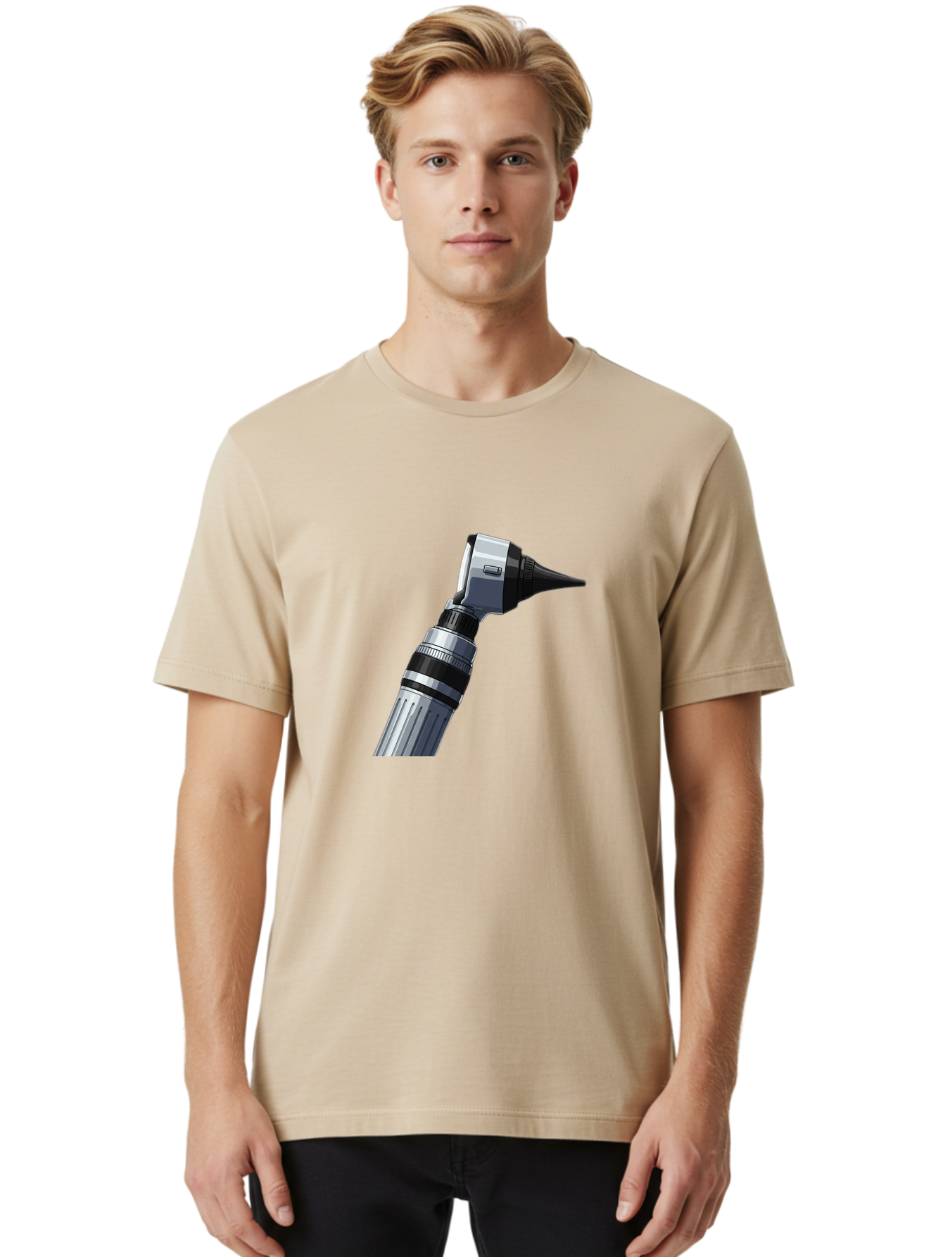 Otoscope Men'S Graphic Tee, 100% Cotton, Comfortable Casual Summer Wear, Machine Washable, Otoscope For Ear Examination, Medical Device, Healthcare Equipment, Doctor'S Tool, Silver And Black Design, Ear Inspection Bab059