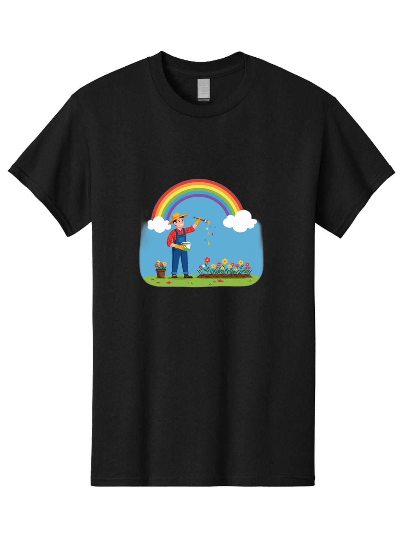 Painter-Under-Rainbow Men'S Graphic Tee, 100% Cotton, Comfortable Casual Summer Wear, Machine Washable, Painter Man, Rainbow Colors, Vibrant Flowers, Creative Painting, Colorful Artwork, Artistic Expression, Gardening Delight, Fantasy Garden Bab063