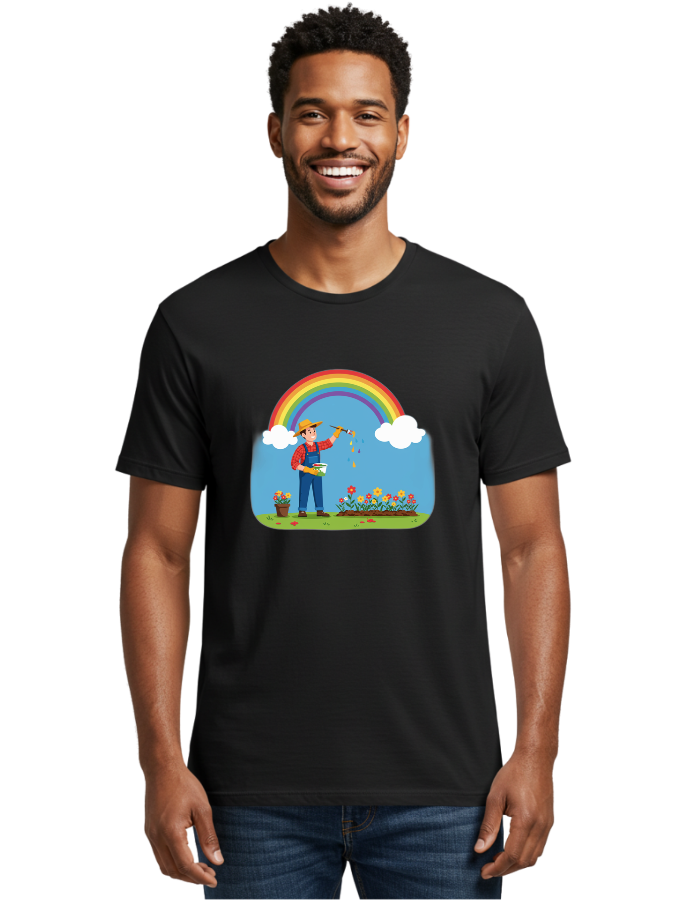 Painter-Under-Rainbow Men'S Graphic Tee, 100% Cotton, Comfortable Casual Summer Wear, Machine Washable, Painter Man, Rainbow Colors, Vibrant Flowers, Creative Painting, Colorful Artwork, Artistic Expression, Gardening Delight, Fantasy Garden Bab063