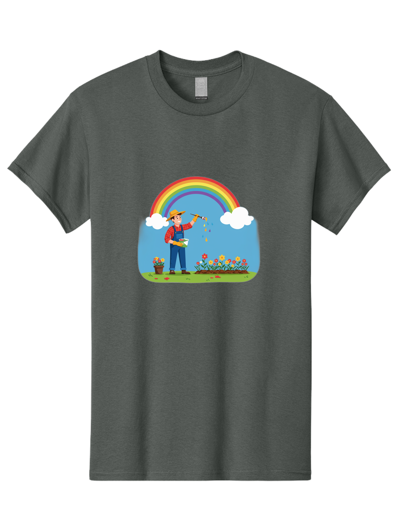 Painter-Under-Rainbow Men'S Graphic Tee, 100% Cotton, Comfortable Casual Summer Wear, Machine Washable, Painter Man, Rainbow Colors, Vibrant Flowers, Creative Painting, Colorful Artwork, Artistic Expression, Gardening Delight, Fantasy Garden Bab063