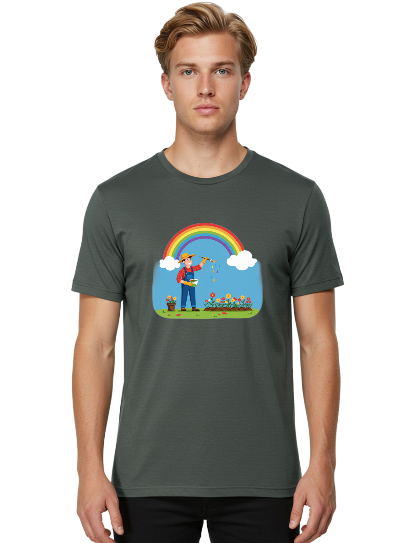 Painter-Under-Rainbow Men'S Graphic Tee, 100% Cotton, Comfortable Casual Summer Wear, Machine Washable, Painter Man, Rainbow Colors, Vibrant Flowers, Creative Painting, Colorful Artwork, Artistic Expression, Gardening Delight, Fantasy Garden Bab063