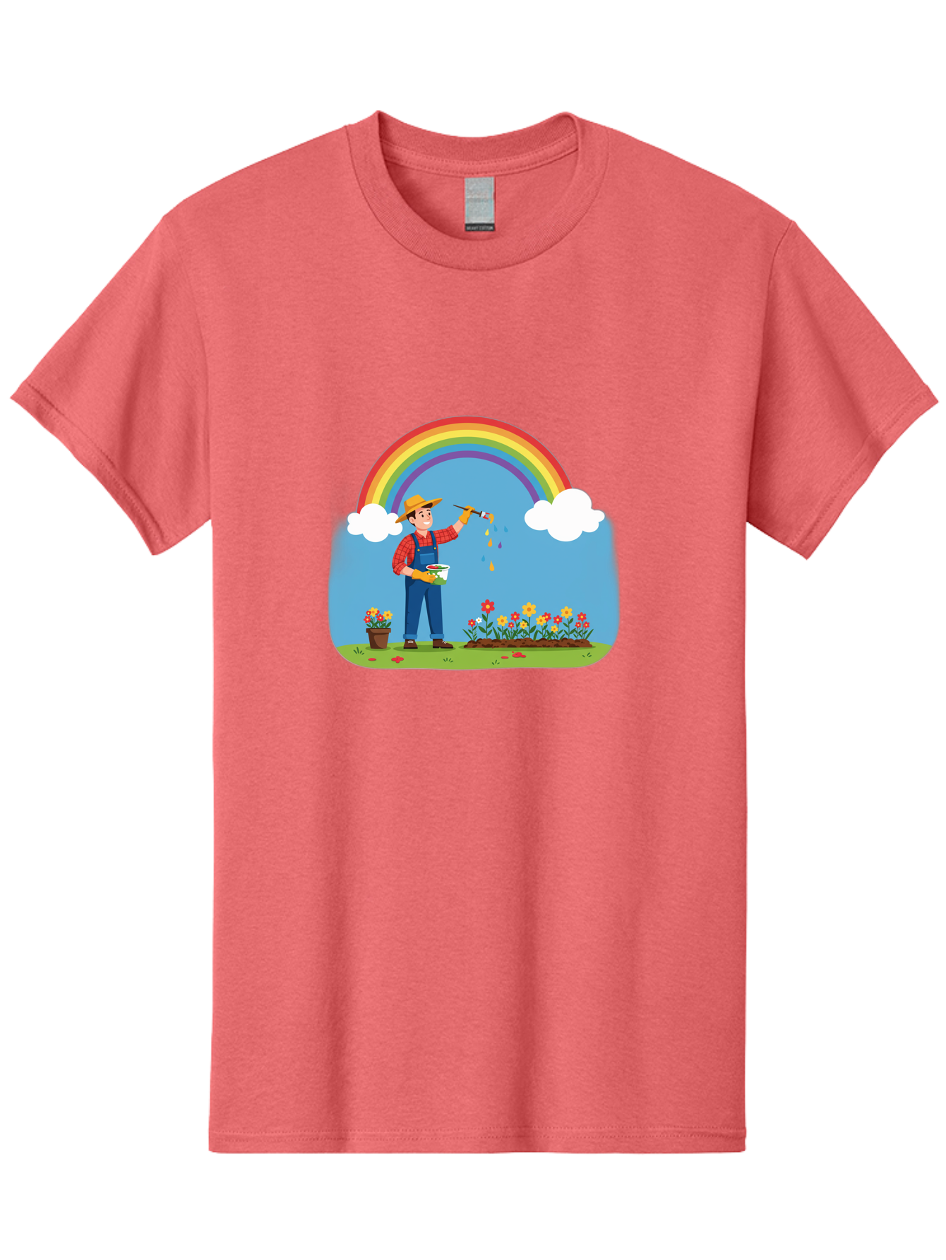Painter-Under-Rainbow Men'S Graphic Tee, 100% Cotton, Comfortable Casual Summer Wear, Machine Washable, Painter Man, Rainbow Colors, Vibrant Flowers, Creative Painting, Colorful Artwork, Artistic Expression, Gardening Delight, Fantasy Garden Bab063