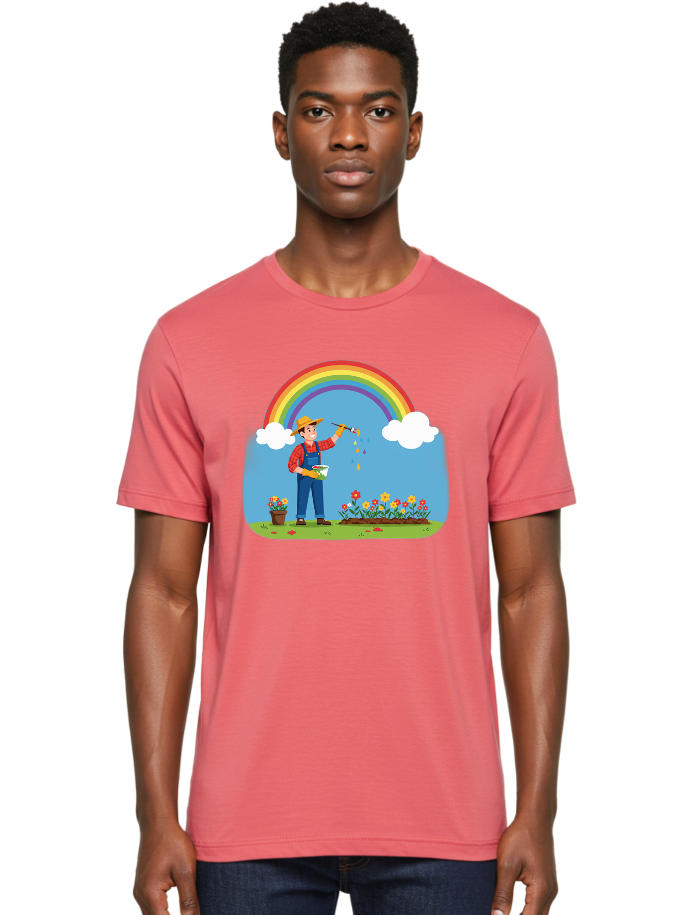 Painter-Under-Rainbow Men'S Graphic Tee, 100% Cotton, Comfortable Casual Summer Wear, Machine Washable, Painter Man, Rainbow Colors, Vibrant Flowers, Creative Painting, Colorful Artwork, Artistic Expression, Gardening Delight, Fantasy Garden Bab063