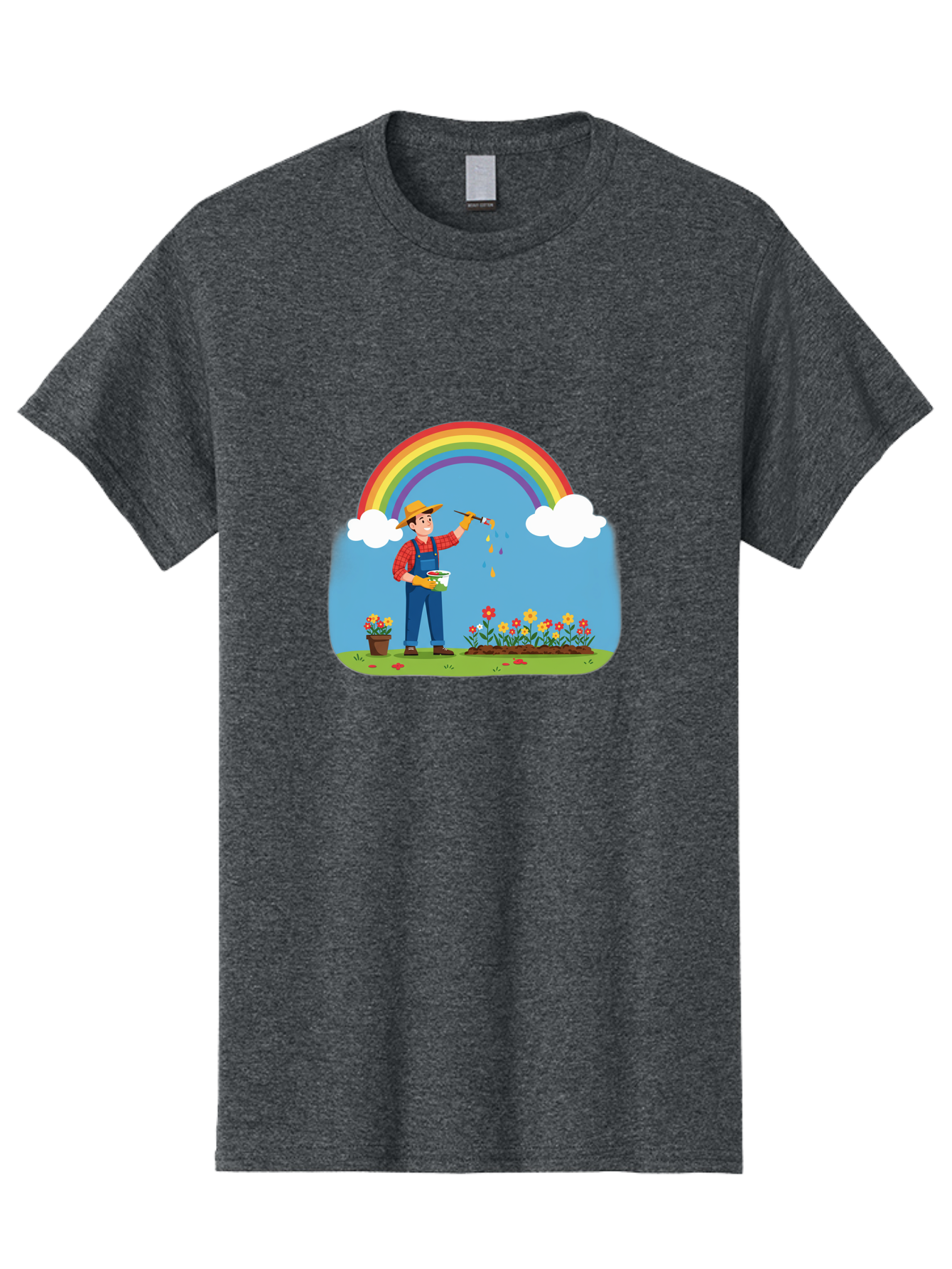 Painter-Under-Rainbow Men'S Graphic Tee, 100% Cotton, Comfortable Casual Summer Wear, Machine Washable, Painter Man, Rainbow Colors, Vibrant Flowers, Creative Painting, Colorful Artwork, Artistic Expression, Gardening Delight, Fantasy Garden Bab063