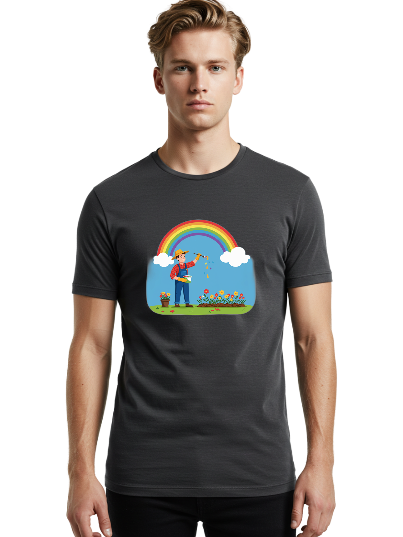Painter-Under-Rainbow Men'S Graphic Tee, 100% Cotton, Comfortable Casual Summer Wear, Machine Washable, Painter Man, Rainbow Colors, Vibrant Flowers, Creative Painting, Colorful Artwork, Artistic Expression, Gardening Delight, Fantasy Garden Bab063
