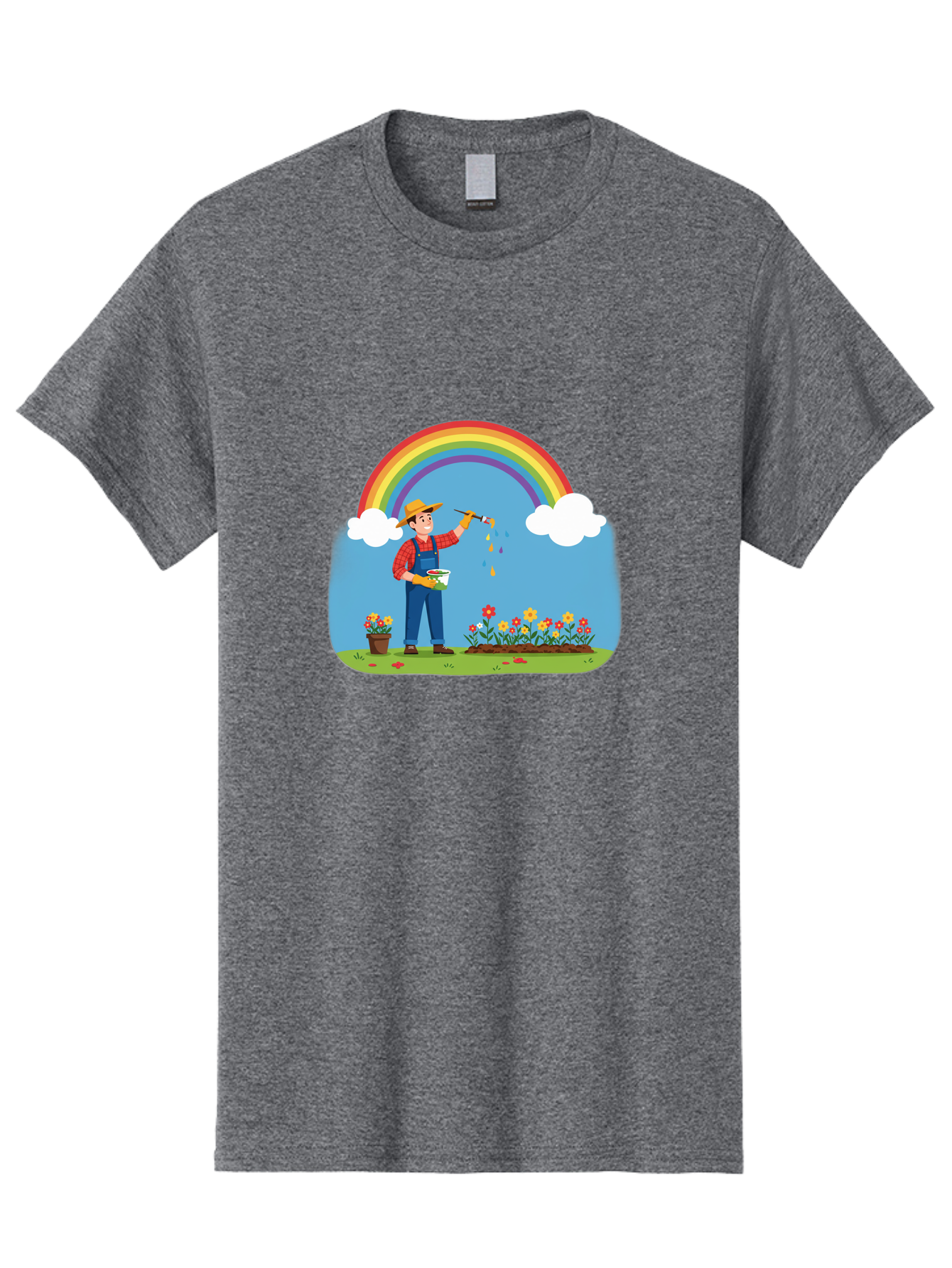 Painter-Under-Rainbow Men'S Graphic Tee, 100% Cotton, Comfortable Casual Summer Wear, Machine Washable, Painter Man, Rainbow Colors, Vibrant Flowers, Creative Painting, Colorful Artwork, Artistic Expression, Gardening Delight, Fantasy Garden Bab063