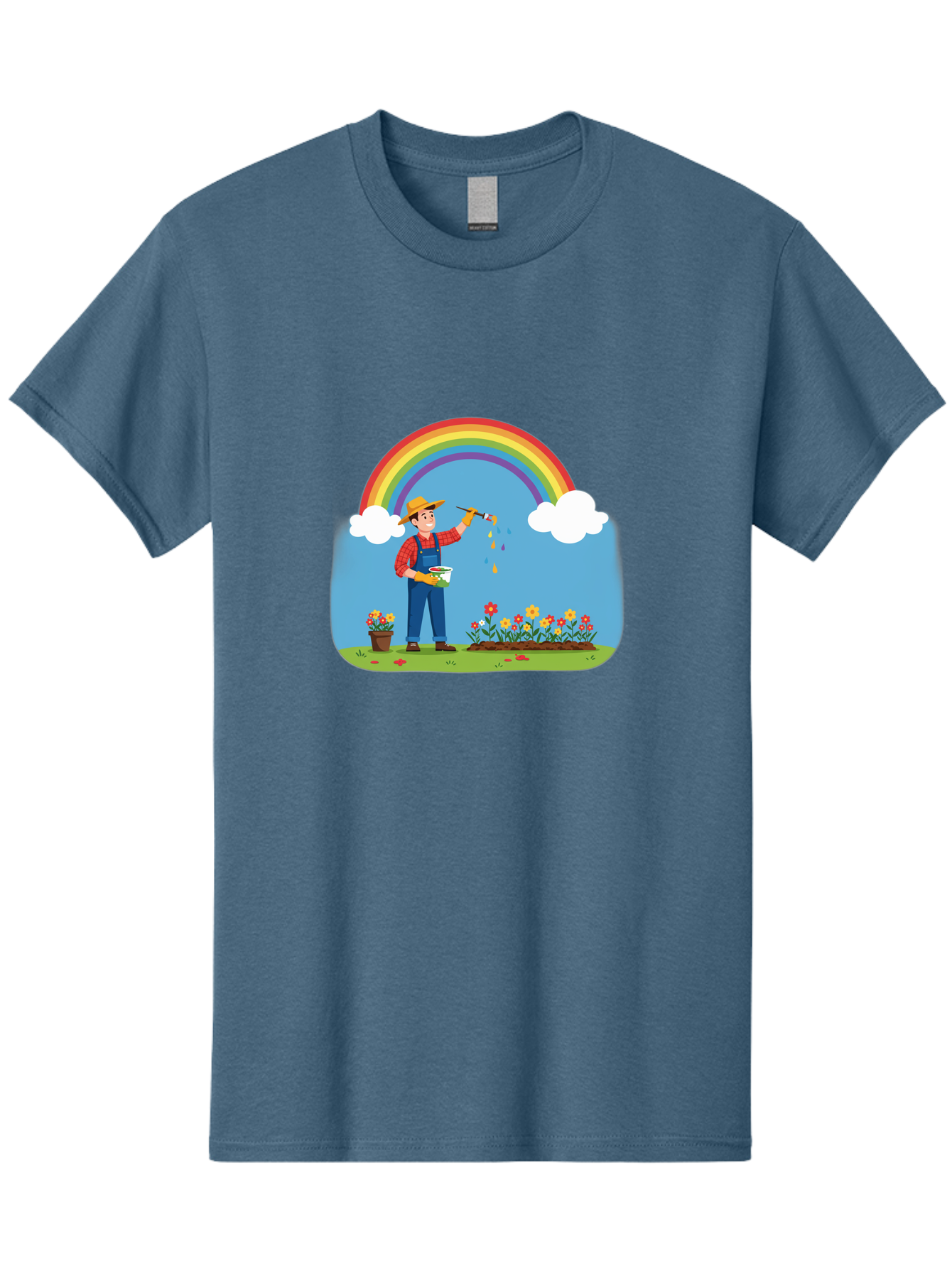 Painter-Under-Rainbow Men'S Graphic Tee, 100% Cotton, Comfortable Casual Summer Wear, Machine Washable, Painter Man, Rainbow Colors, Vibrant Flowers, Creative Painting, Colorful Artwork, Artistic Expression, Gardening Delight, Fantasy Garden Bab063