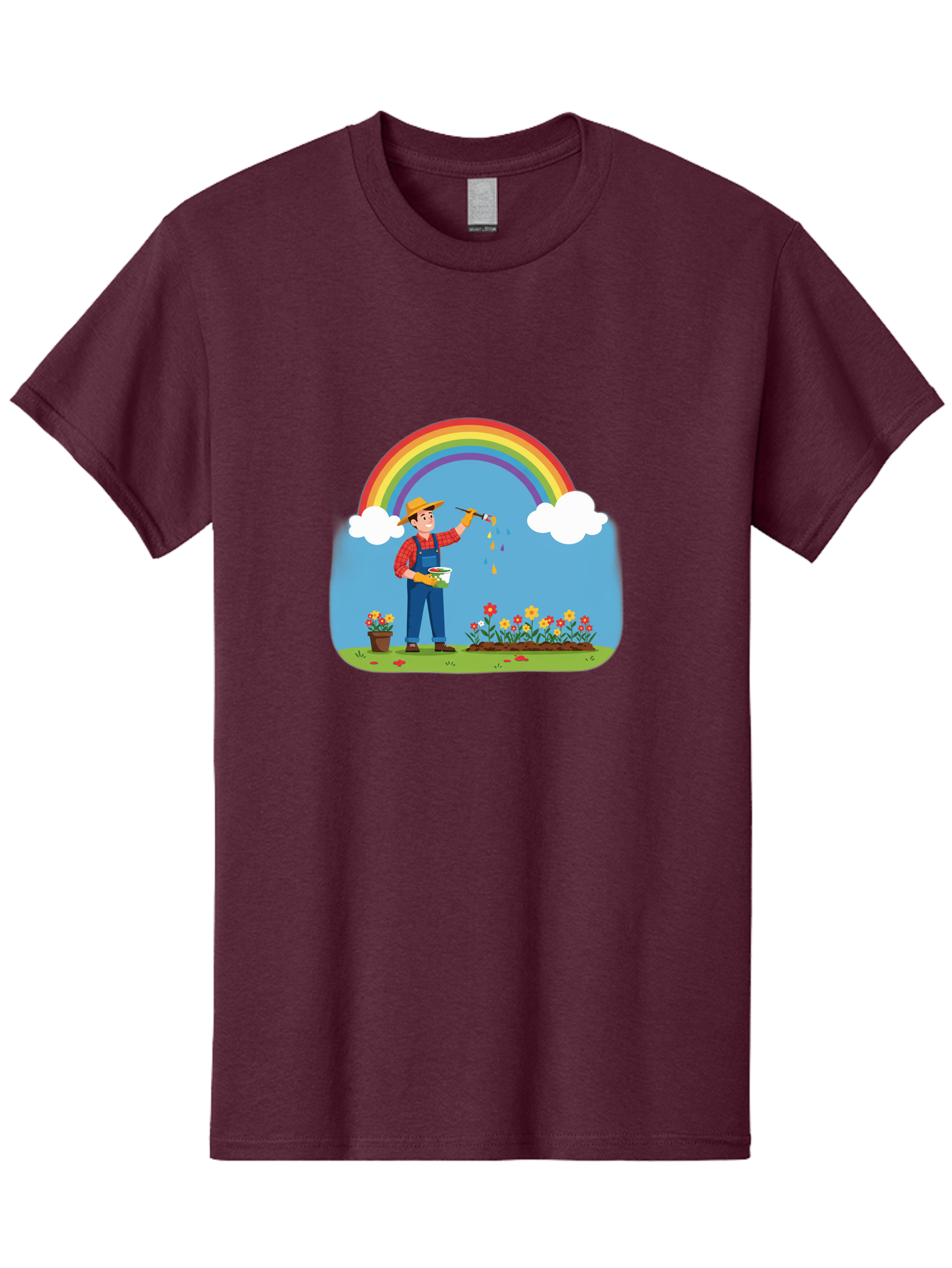 Painter-Under-Rainbow Men'S Graphic Tee, 100% Cotton, Comfortable Casual Summer Wear, Machine Washable, Painter Man, Rainbow Colors, Vibrant Flowers, Creative Painting, Colorful Artwork, Artistic Expression, Gardening Delight, Fantasy Garden Bab063