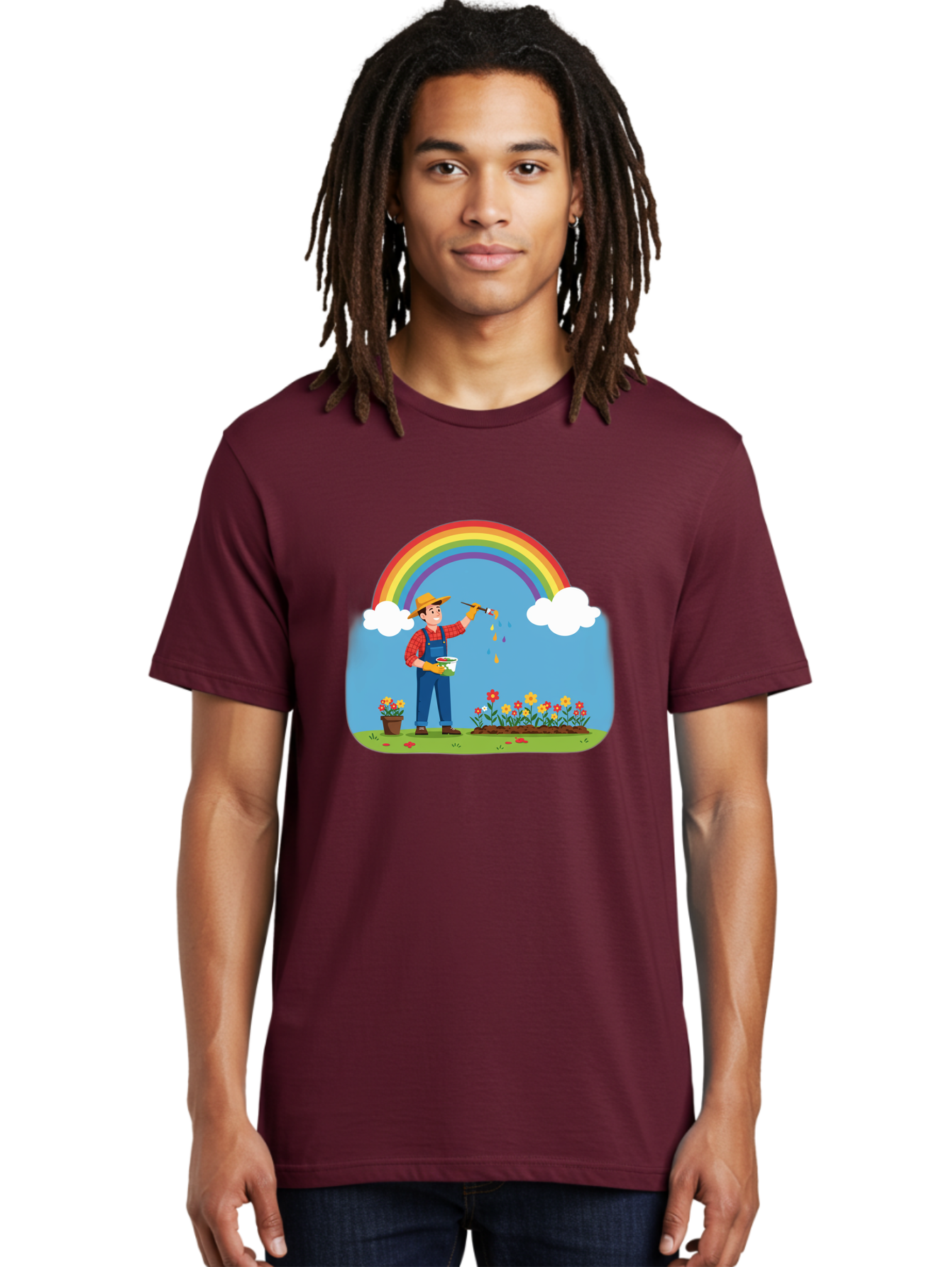Painter-Under-Rainbow Men'S Graphic Tee, 100% Cotton, Comfortable Casual Summer Wear, Machine Washable, Painter Man, Rainbow Colors, Vibrant Flowers, Creative Painting, Colorful Artwork, Artistic Expression, Gardening Delight, Fantasy Garden Bab063