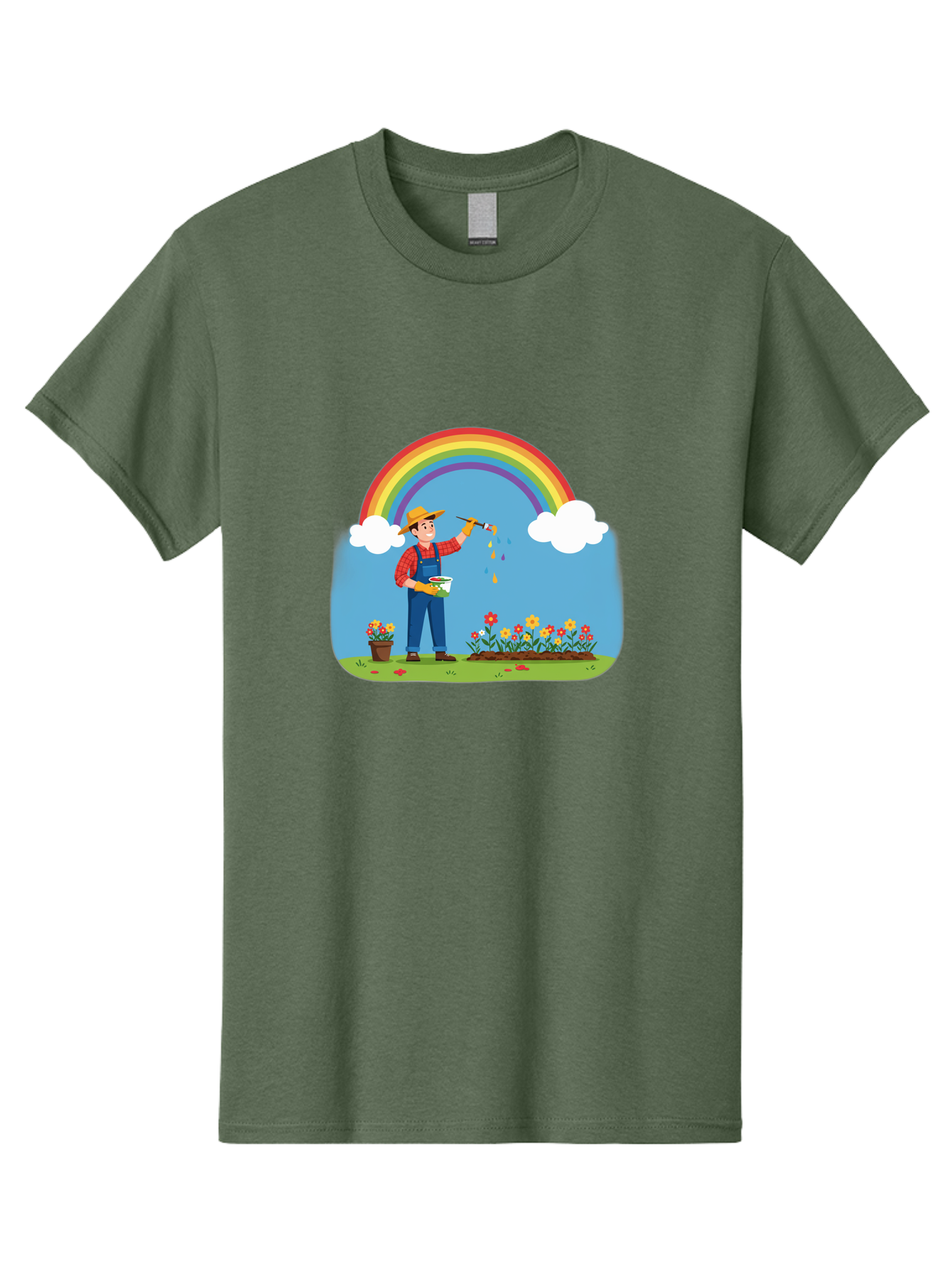 Painter-Under-Rainbow Men'S Graphic Tee, 100% Cotton, Comfortable Casual Summer Wear, Machine Washable, Painter Man, Rainbow Colors, Vibrant Flowers, Creative Painting, Colorful Artwork, Artistic Expression, Gardening Delight, Fantasy Garden Bab063