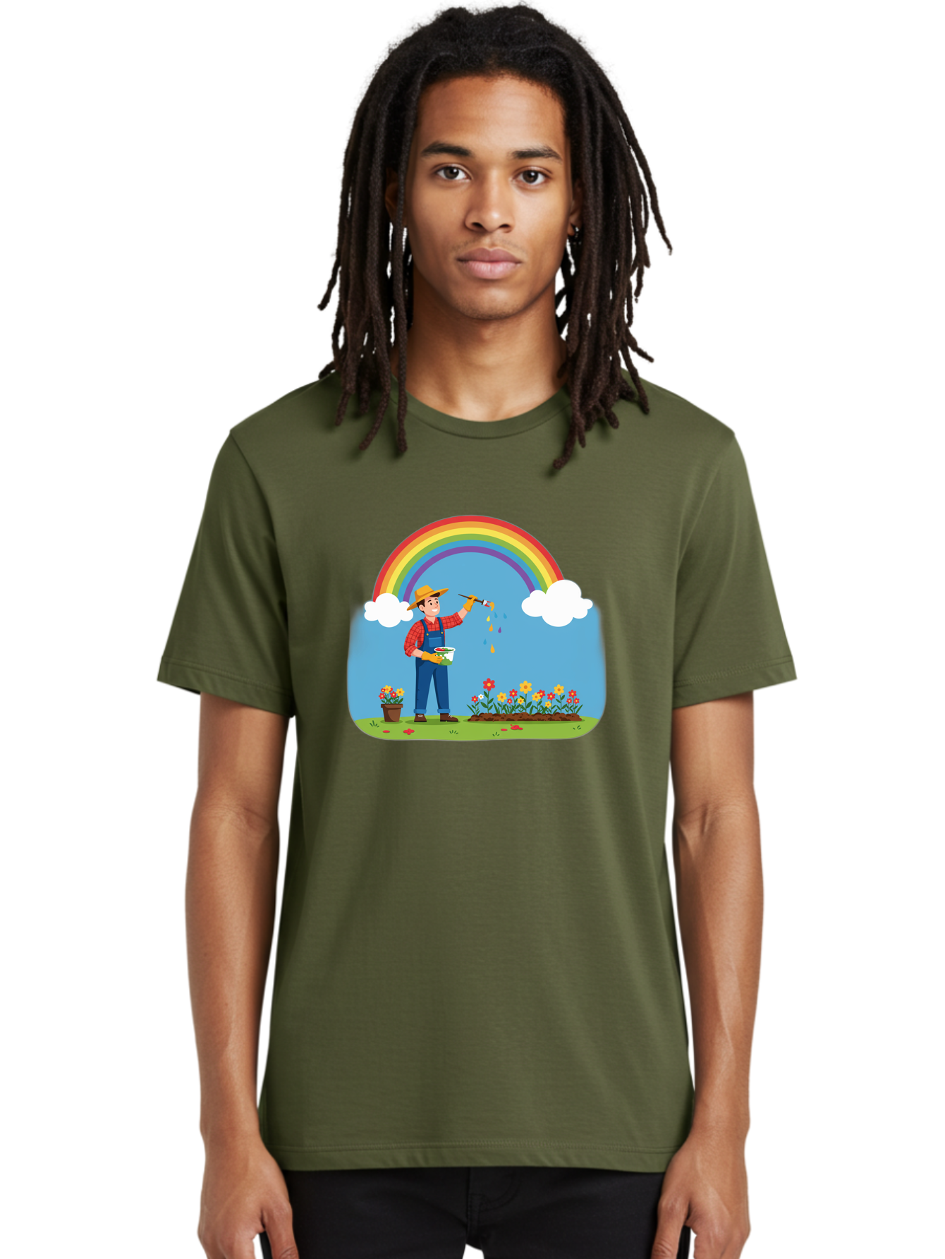 Painter-Under-Rainbow Men'S Graphic Tee, 100% Cotton, Comfortable Casual Summer Wear, Machine Washable, Painter Man, Rainbow Colors, Vibrant Flowers, Creative Painting, Colorful Artwork, Artistic Expression, Gardening Delight, Fantasy Garden Bab063