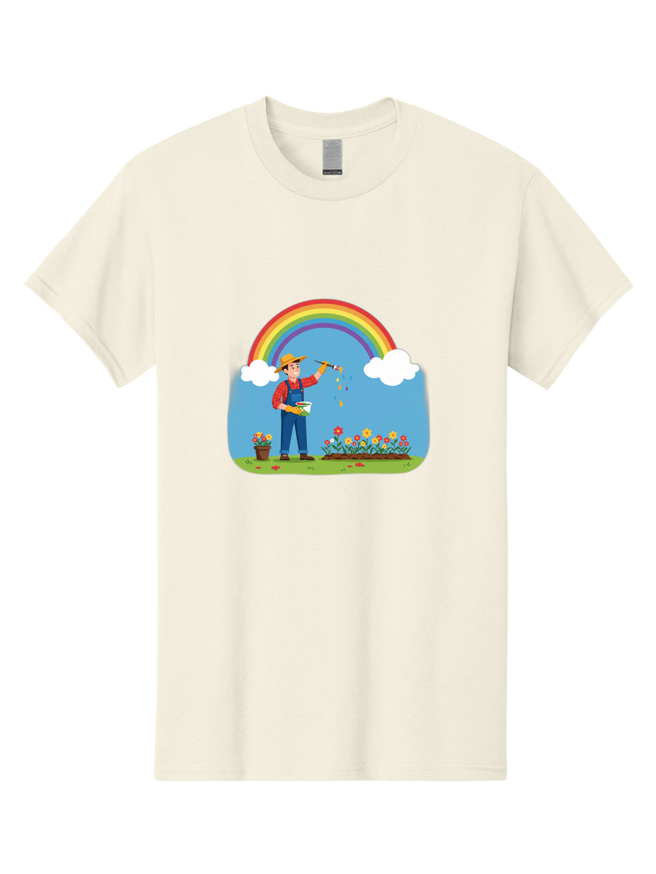 Painter-Under-Rainbow Men'S Graphic Tee, 100% Cotton, Comfortable Casual Summer Wear, Machine Washable, Painter Man, Rainbow Colors, Vibrant Flowers, Creative Painting, Colorful Artwork, Artistic Expression, Gardening Delight, Fantasy Garden Bab063