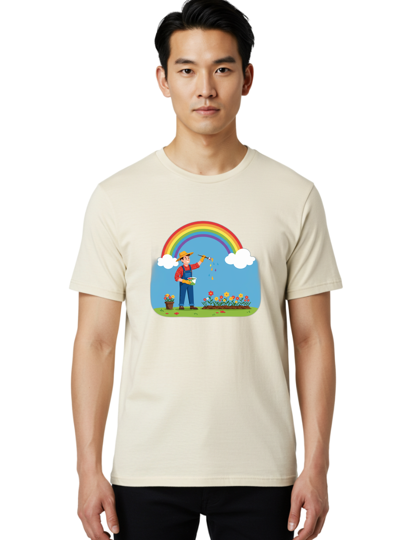 Painter-Under-Rainbow Men'S Graphic Tee, 100% Cotton, Comfortable Casual Summer Wear, Machine Washable, Painter Man, Rainbow Colors, Vibrant Flowers, Creative Painting, Colorful Artwork, Artistic Expression, Gardening Delight, Fantasy Garden Bab063