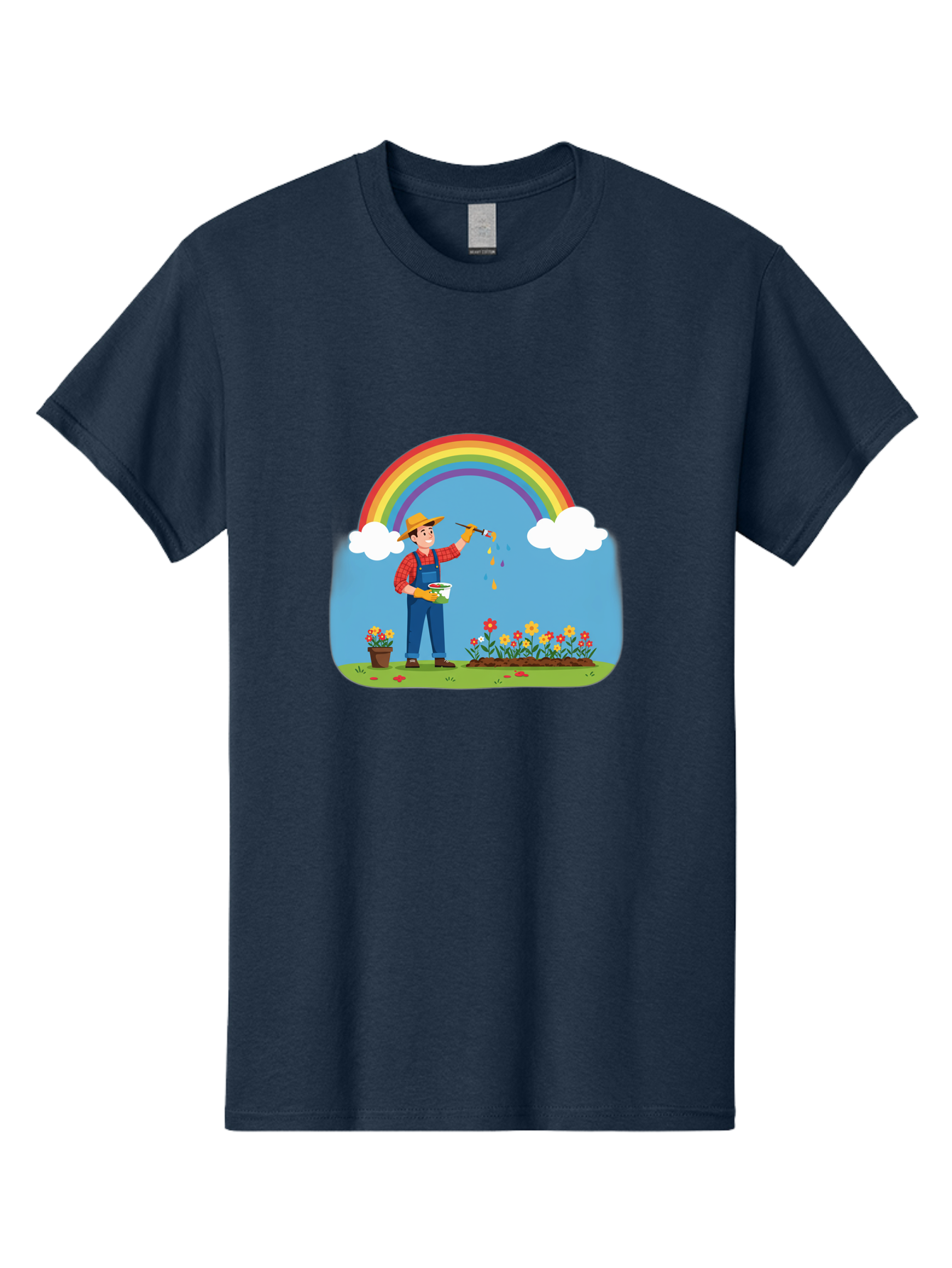 Painter-Under-Rainbow Men'S Graphic Tee, 100% Cotton, Comfortable Casual Summer Wear, Machine Washable, Painter Man, Rainbow Colors, Vibrant Flowers, Creative Painting, Colorful Artwork, Artistic Expression, Gardening Delight, Fantasy Garden Bab063