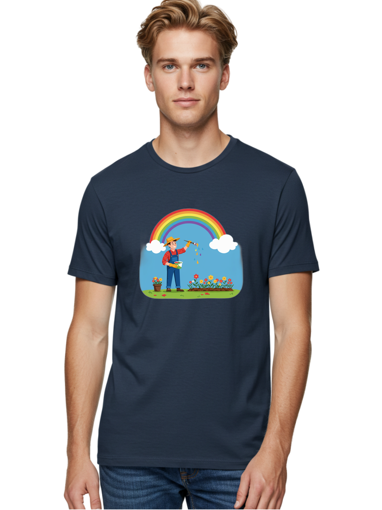Painter-Under-Rainbow Men'S Graphic Tee, 100% Cotton, Comfortable Casual Summer Wear, Machine Washable, Painter Man, Rainbow Colors, Vibrant Flowers, Creative Painting, Colorful Artwork, Artistic Expression, Gardening Delight, Fantasy Garden Bab063