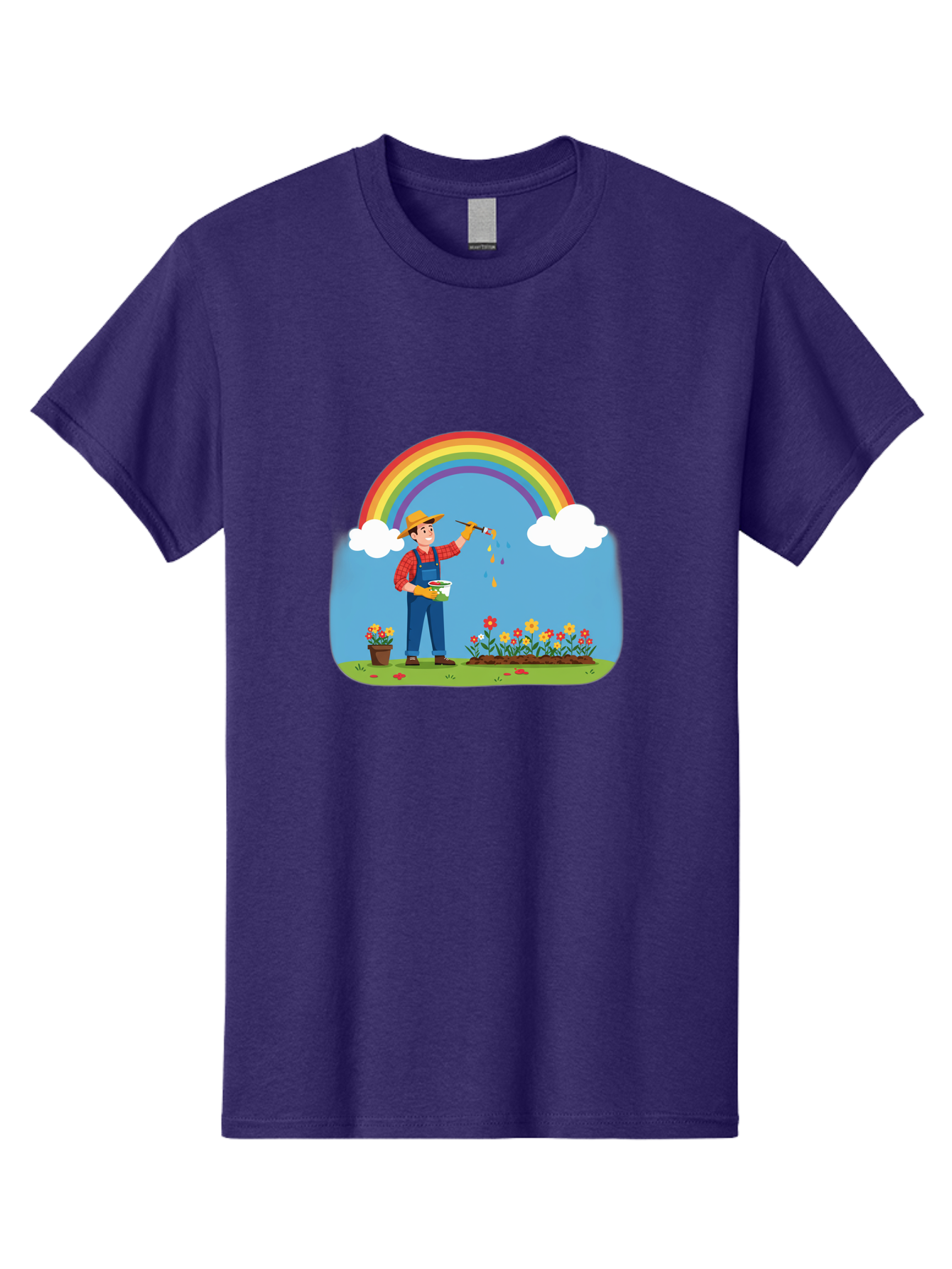 Painter-Under-Rainbow Men'S Graphic Tee, 100% Cotton, Comfortable Casual Summer Wear, Machine Washable, Painter Man, Rainbow Colors, Vibrant Flowers, Creative Painting, Colorful Artwork, Artistic Expression, Gardening Delight, Fantasy Garden Bab063