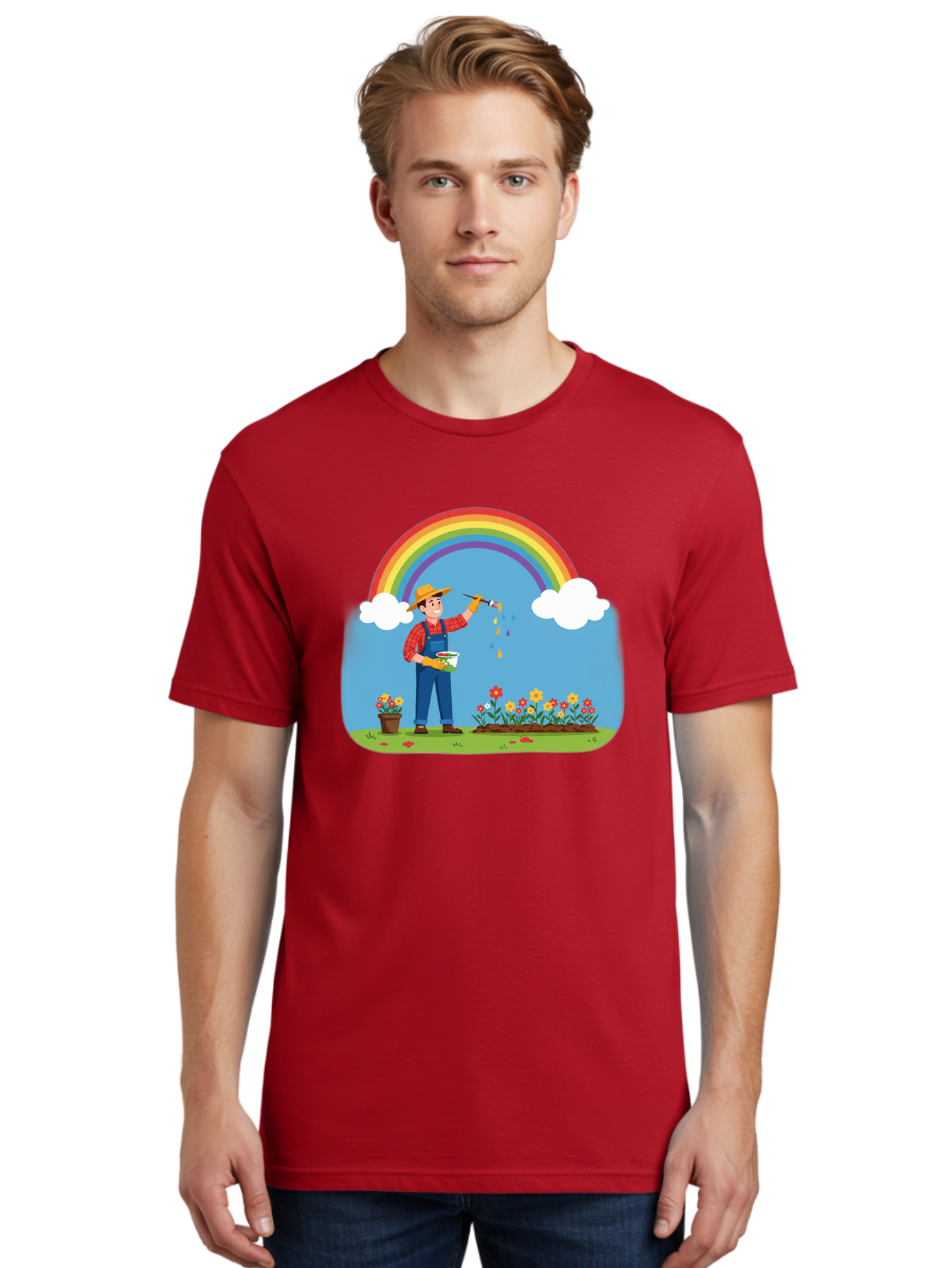 Painter-Under-Rainbow Men'S Graphic Tee, 100% Cotton, Comfortable Casual Summer Wear, Machine Washable, Painter Man, Rainbow Colors, Vibrant Flowers, Creative Painting, Colorful Artwork, Artistic Expression, Gardening Delight, Fantasy Garden Bab063