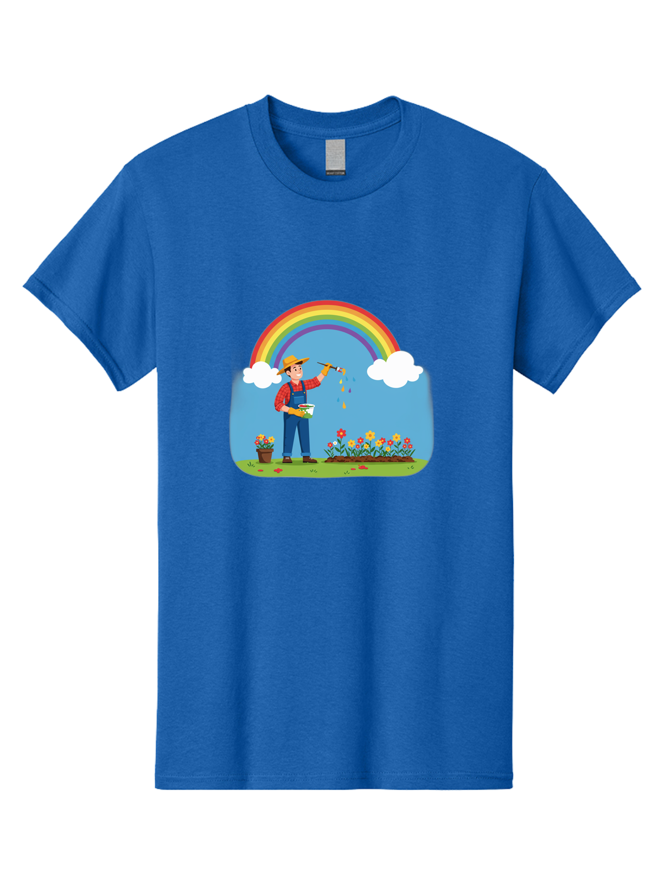 Painter-Under-Rainbow Men'S Graphic Tee, 100% Cotton, Comfortable Casual Summer Wear, Machine Washable, Painter Man, Rainbow Colors, Vibrant Flowers, Creative Painting, Colorful Artwork, Artistic Expression, Gardening Delight, Fantasy Garden Bab063