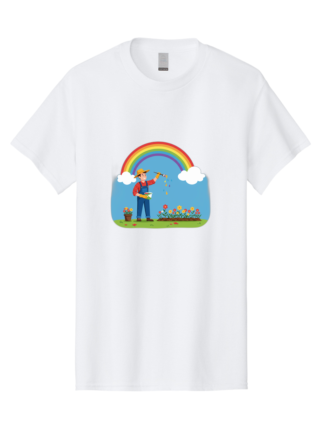 Painter-Under-Rainbow Men'S Graphic Tee, 100% Cotton, Comfortable Casual Summer Wear, Machine Washable, Painter Man, Rainbow Colors, Vibrant Flowers, Creative Painting, Colorful Artwork, Artistic Expression, Gardening Delight, Fantasy Garden Bab063