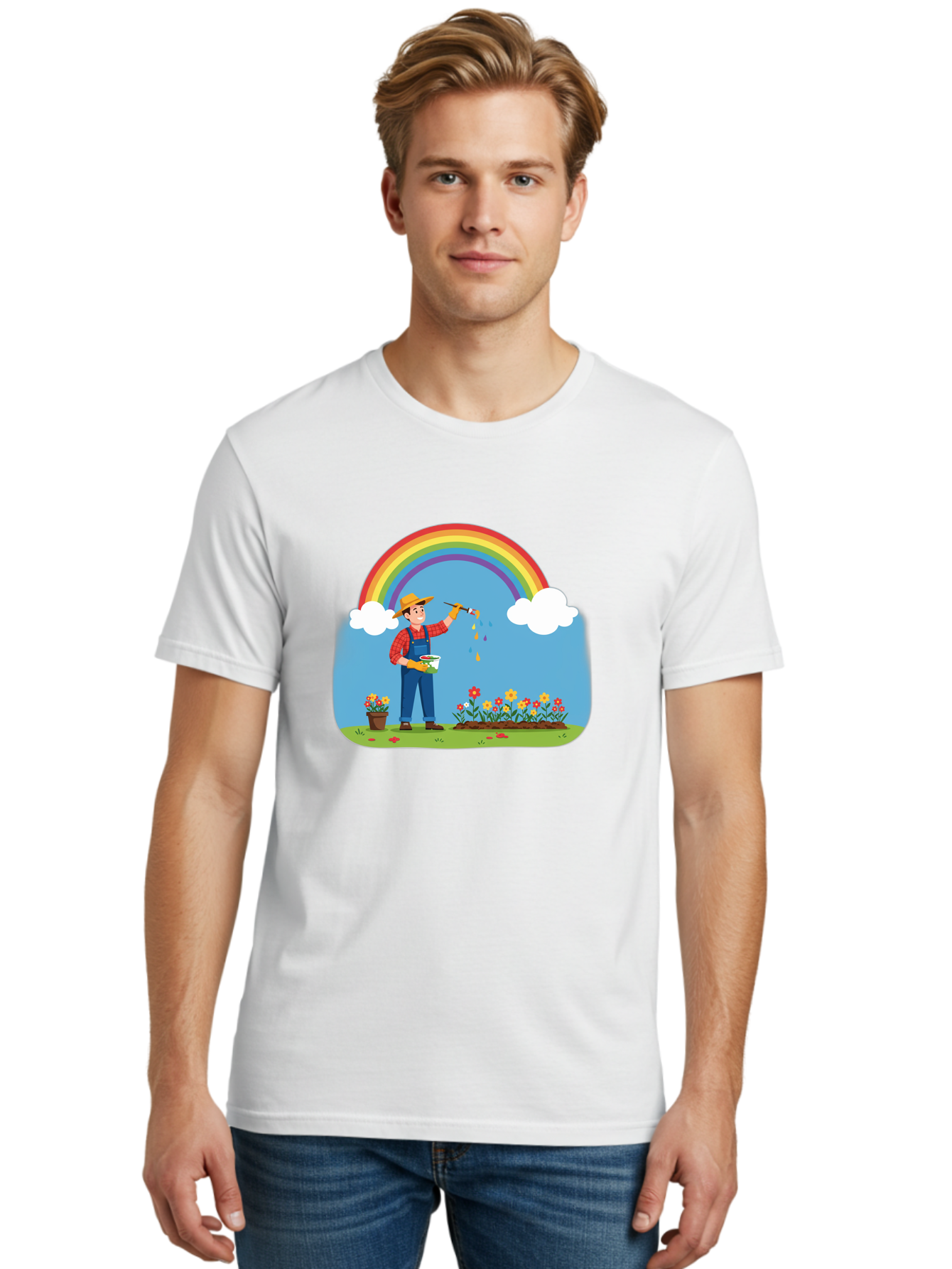 Painter-Under-Rainbow Men'S Graphic Tee, 100% Cotton, Comfortable Casual Summer Wear, Machine Washable, Painter Man, Rainbow Colors, Vibrant Flowers, Creative Painting, Colorful Artwork, Artistic Expression, Gardening Delight, Fantasy Garden Bab063