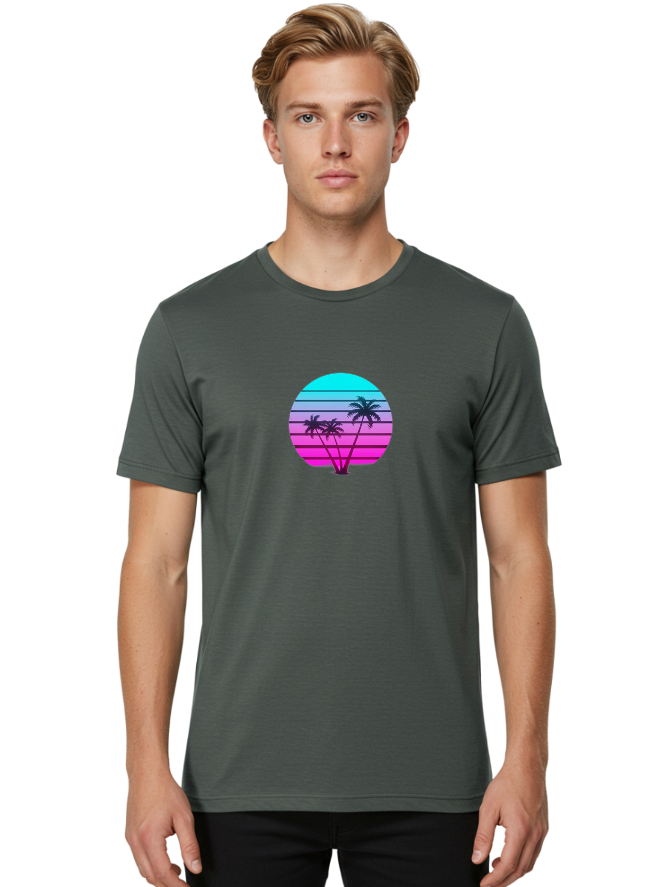 Palm-Trees Men'S Graphic Tee, 100% Cotton, Comfortable Casual Summer Wear, Machine Washable, Retro Futurism, Synthwave Aesthetic, Pastel Colors, Palm Trees, Gradient Effect, Vaporwave Style, 80S Vibe, Futuristic Landscape, Tropical Scene, Bab065