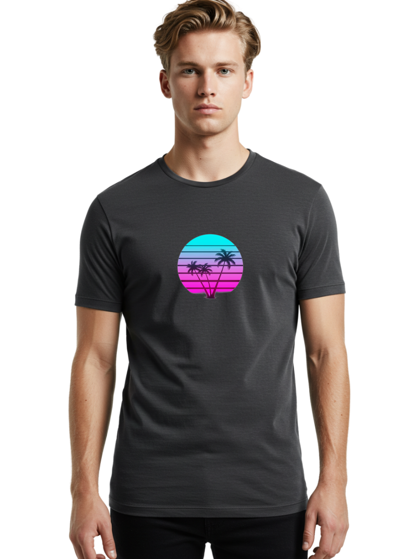 Palm-Trees Men'S Graphic Tee, 100% Cotton, Comfortable Casual Summer Wear, Machine Washable, Retro Futurism, Synthwave Aesthetic, Pastel Colors, Palm Trees, Gradient Effect, Vaporwave Style, 80S Vibe, Futuristic Landscape, Tropical Scene, Bab065