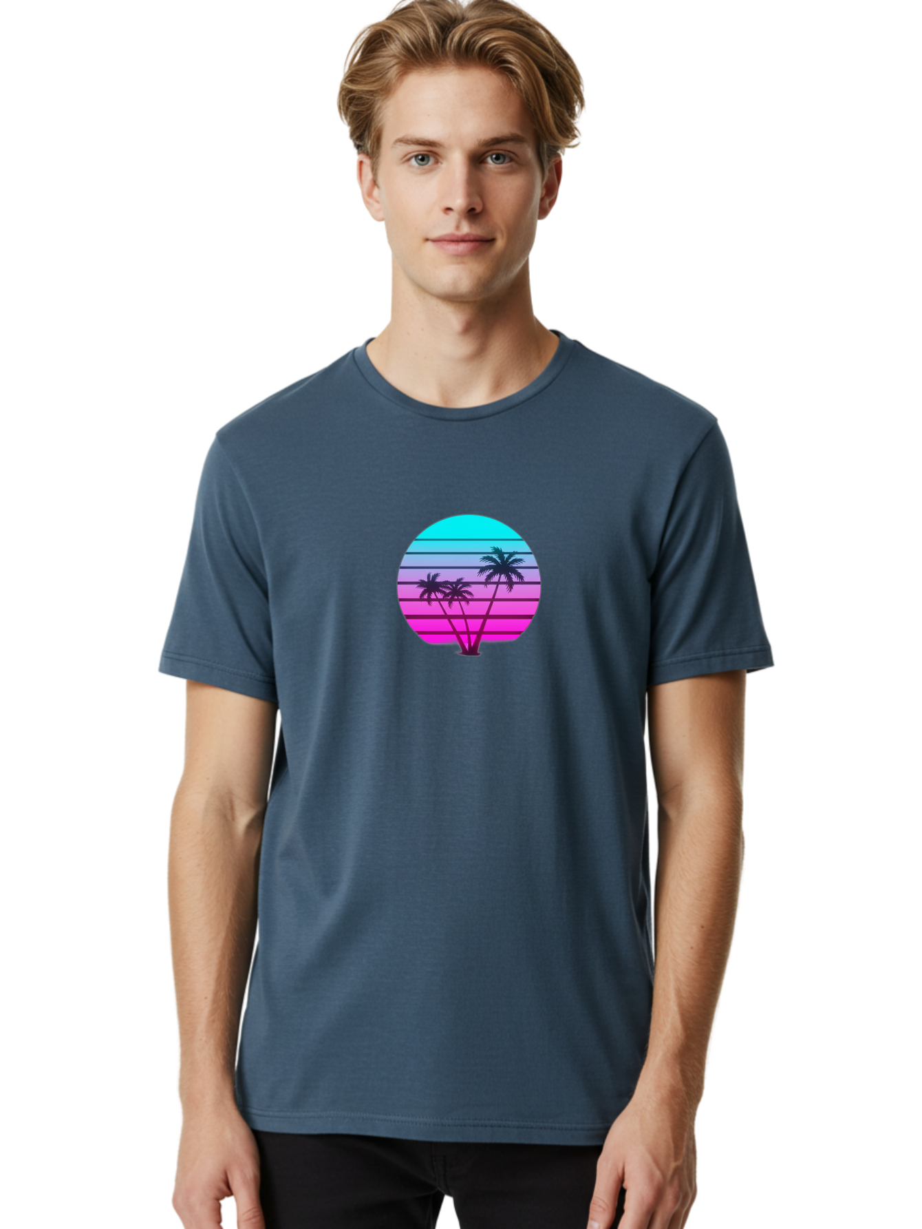 Palm-Trees Men'S Graphic Tee, 100% Cotton, Comfortable Casual Summer Wear, Machine Washable, Retro Futurism, Synthwave Aesthetic, Pastel Colors, Palm Trees, Gradient Effect, Vaporwave Style, 80S Vibe, Futuristic Landscape, Tropical Scene, Bab065
