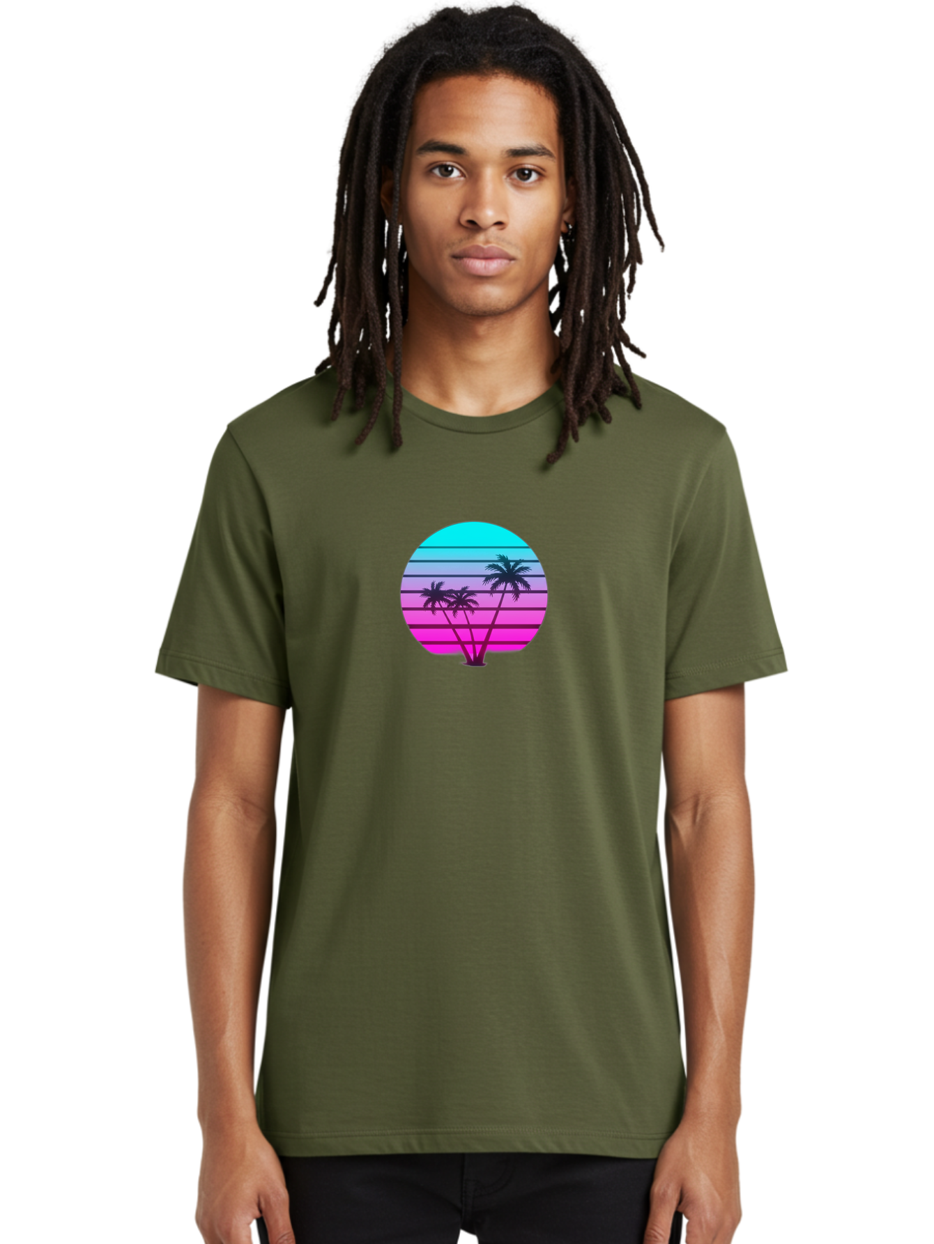 Palm-Trees Men'S Graphic Tee, 100% Cotton, Comfortable Casual Summer Wear, Machine Washable, Retro Futurism, Synthwave Aesthetic, Pastel Colors, Palm Trees, Gradient Effect, Vaporwave Style, 80S Vibe, Futuristic Landscape, Tropical Scene, Bab065