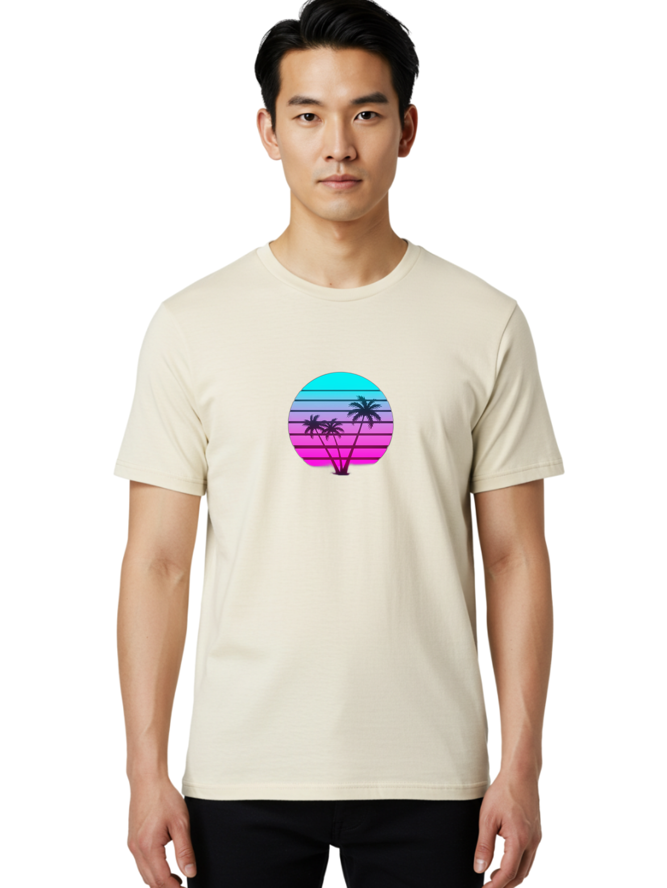 Palm-Trees Men'S Graphic Tee, 100% Cotton, Comfortable Casual Summer Wear, Machine Washable, Retro Futurism, Synthwave Aesthetic, Pastel Colors, Palm Trees, Gradient Effect, Vaporwave Style, 80S Vibe, Futuristic Landscape, Tropical Scene, Bab065