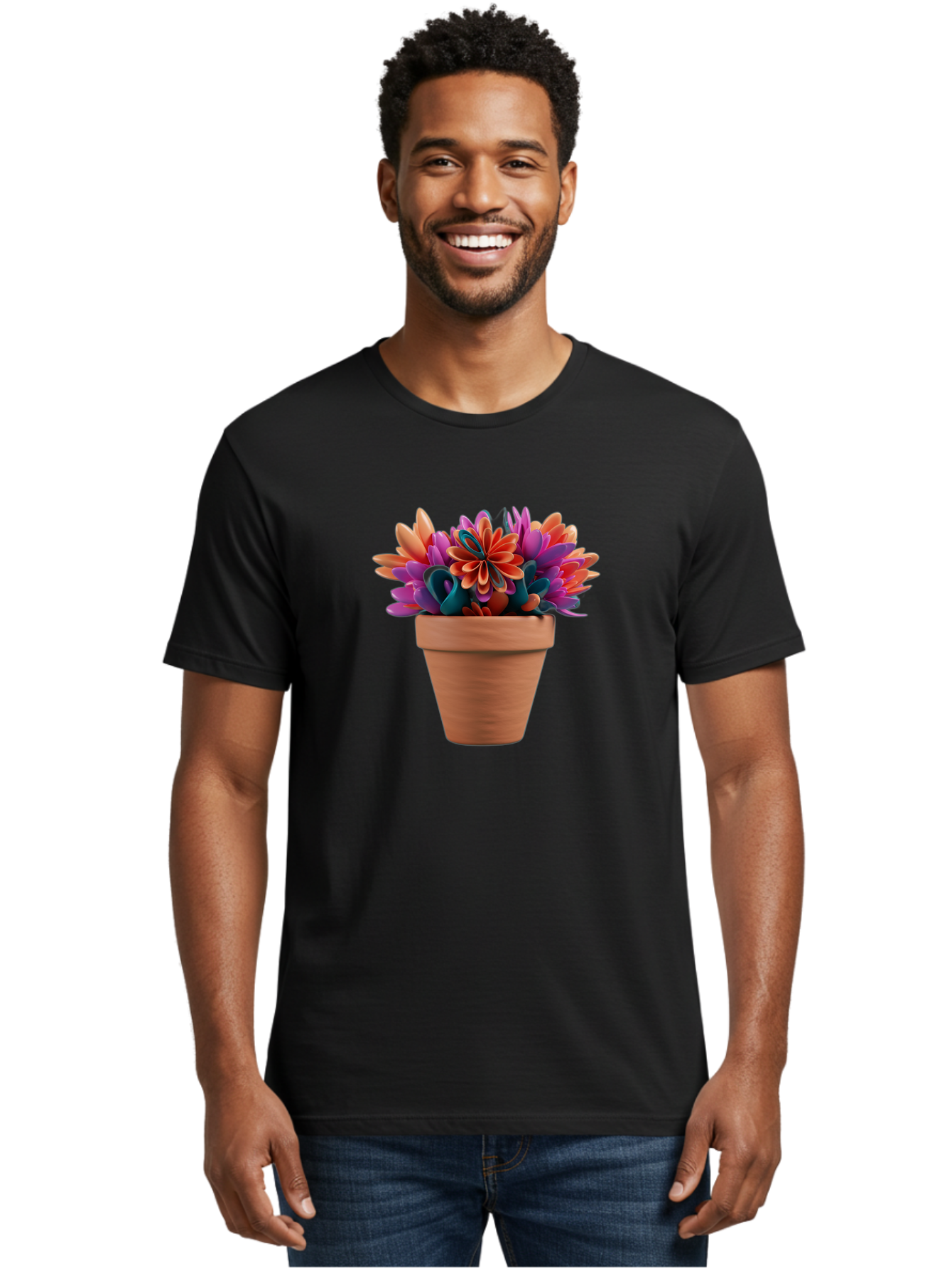 Paper-Flowers-In-Terracotta-Pot Men'S Graphic Tee, 100% Cotton, Comfortable Casual Summer Wear, Machine Washable, Paper Flowers In Pot, Colorful Blooms, Vibrant Petals, Creative Decoration, Handmade Art, Floral Arrangement, Orange, Purple, Bab066