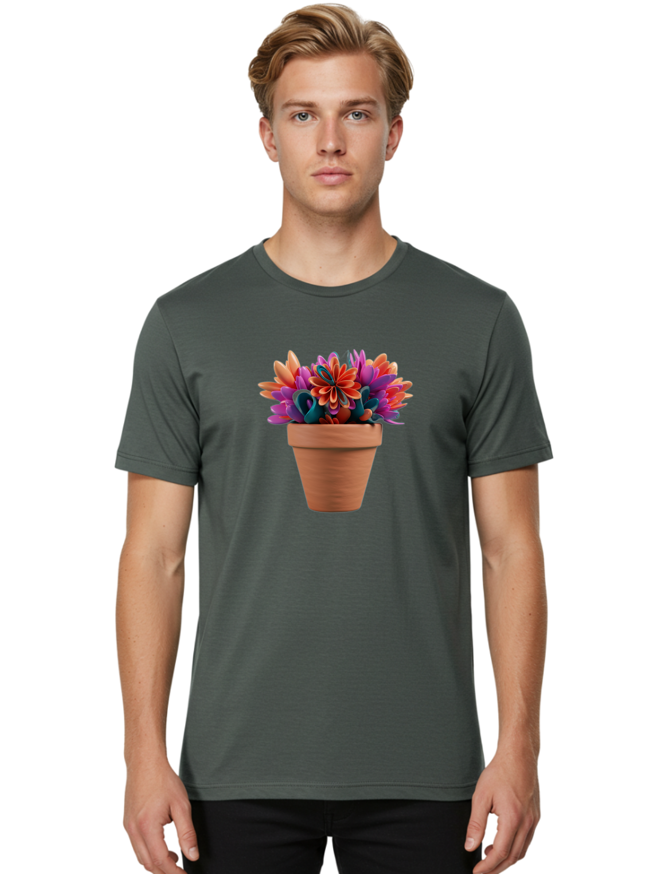Paper-Flowers-In-Terracotta-Pot Men'S Graphic Tee, 100% Cotton, Comfortable Casual Summer Wear, Machine Washable, Paper Flowers In Pot, Colorful Blooms, Vibrant Petals, Creative Decoration, Handmade Art, Floral Arrangement, Orange, Purple, Bab066
