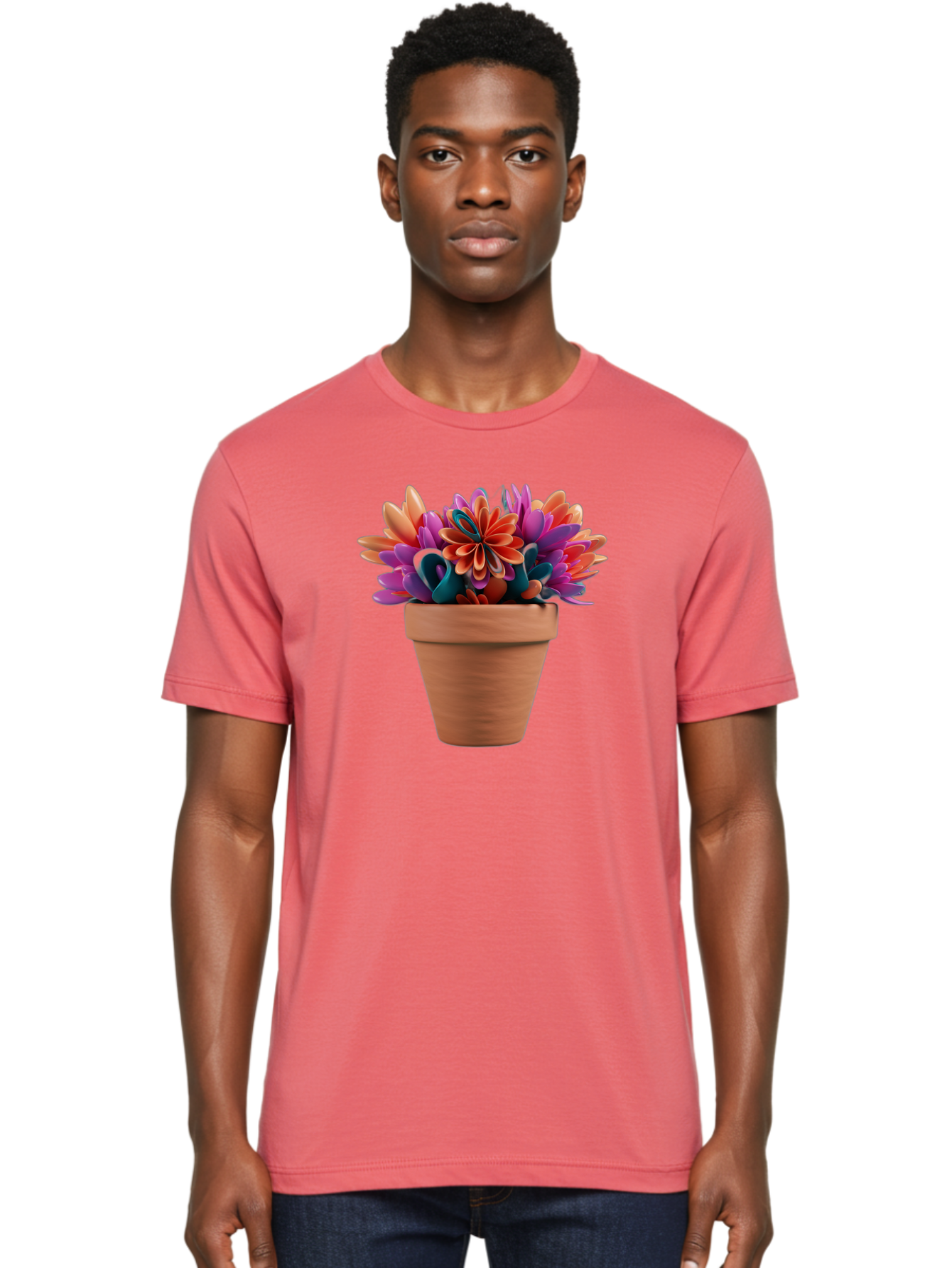 Paper-Flowers-In-Terracotta-Pot Men'S Graphic Tee, 100% Cotton, Comfortable Casual Summer Wear, Machine Washable, Paper Flowers In Pot, Colorful Blooms, Vibrant Petals, Creative Decoration, Handmade Art, Floral Arrangement, Orange, Purple, Bab066