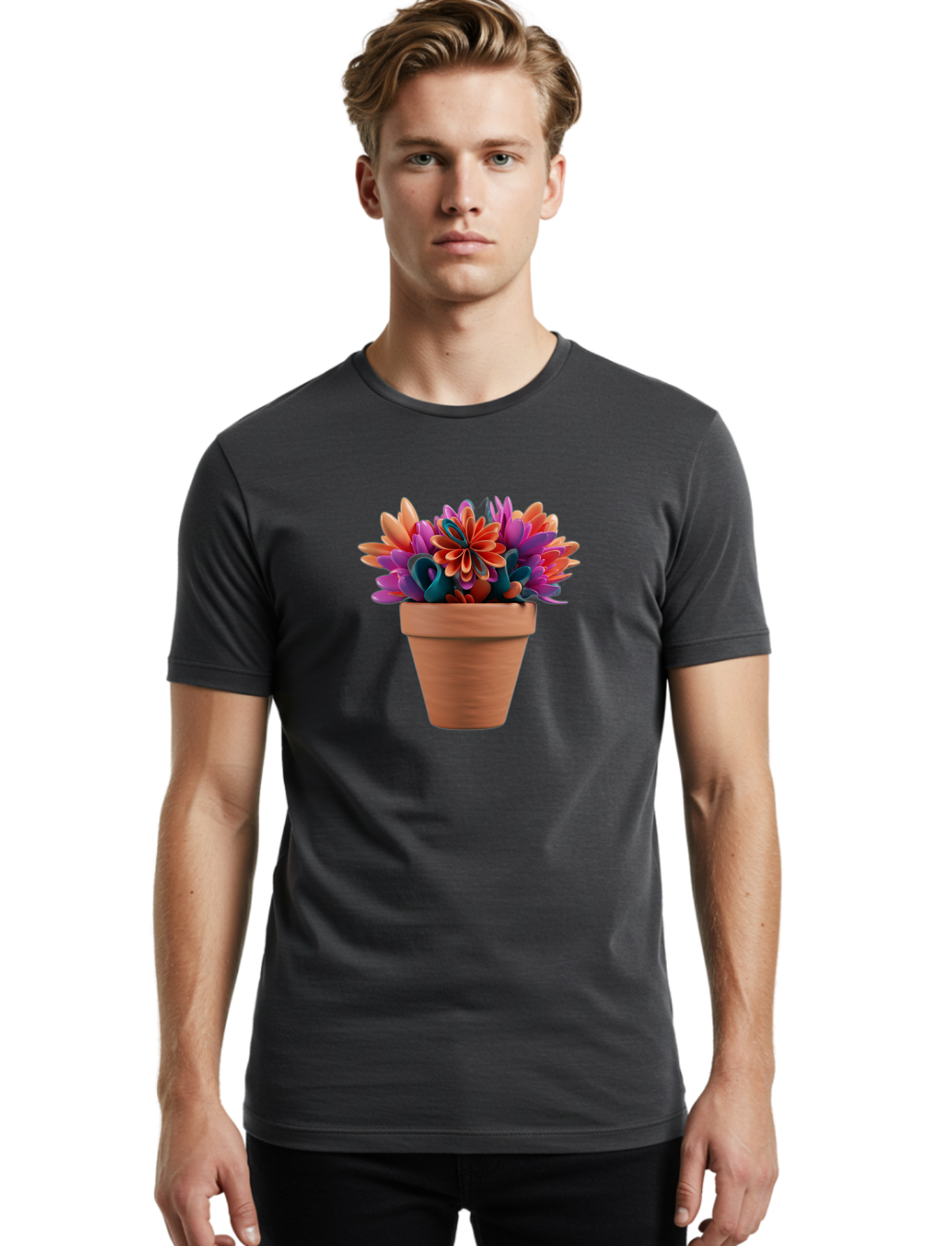 Paper-Flowers-In-Terracotta-Pot Men'S Graphic Tee, 100% Cotton, Comfortable Casual Summer Wear, Machine Washable, Paper Flowers In Pot, Colorful Blooms, Vibrant Petals, Creative Decoration, Handmade Art, Floral Arrangement, Orange, Purple, Bab066
