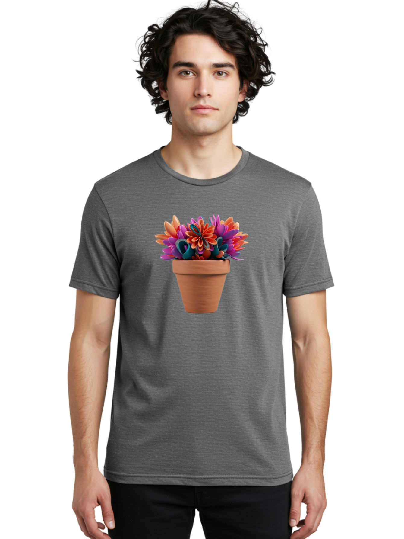 Paper-Flowers-In-Terracotta-Pot Men'S Graphic Tee, 100% Cotton, Comfortable Casual Summer Wear, Machine Washable, Paper Flowers In Pot, Colorful Blooms, Vibrant Petals, Creative Decoration, Handmade Art, Floral Arrangement, Orange, Purple, Bab066