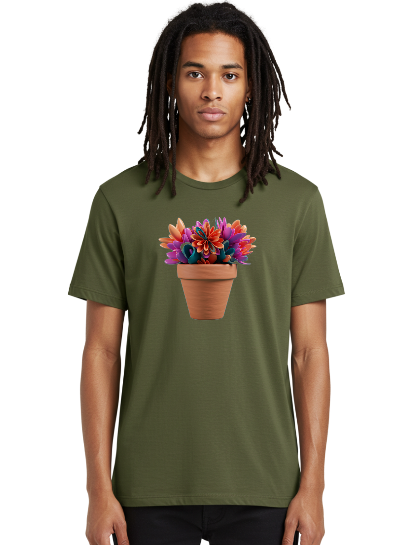 Paper-Flowers-In-Terracotta-Pot Men'S Graphic Tee, 100% Cotton, Comfortable Casual Summer Wear, Machine Washable, Paper Flowers In Pot, Colorful Blooms, Vibrant Petals, Creative Decoration, Handmade Art, Floral Arrangement, Orange, Purple, Bab066