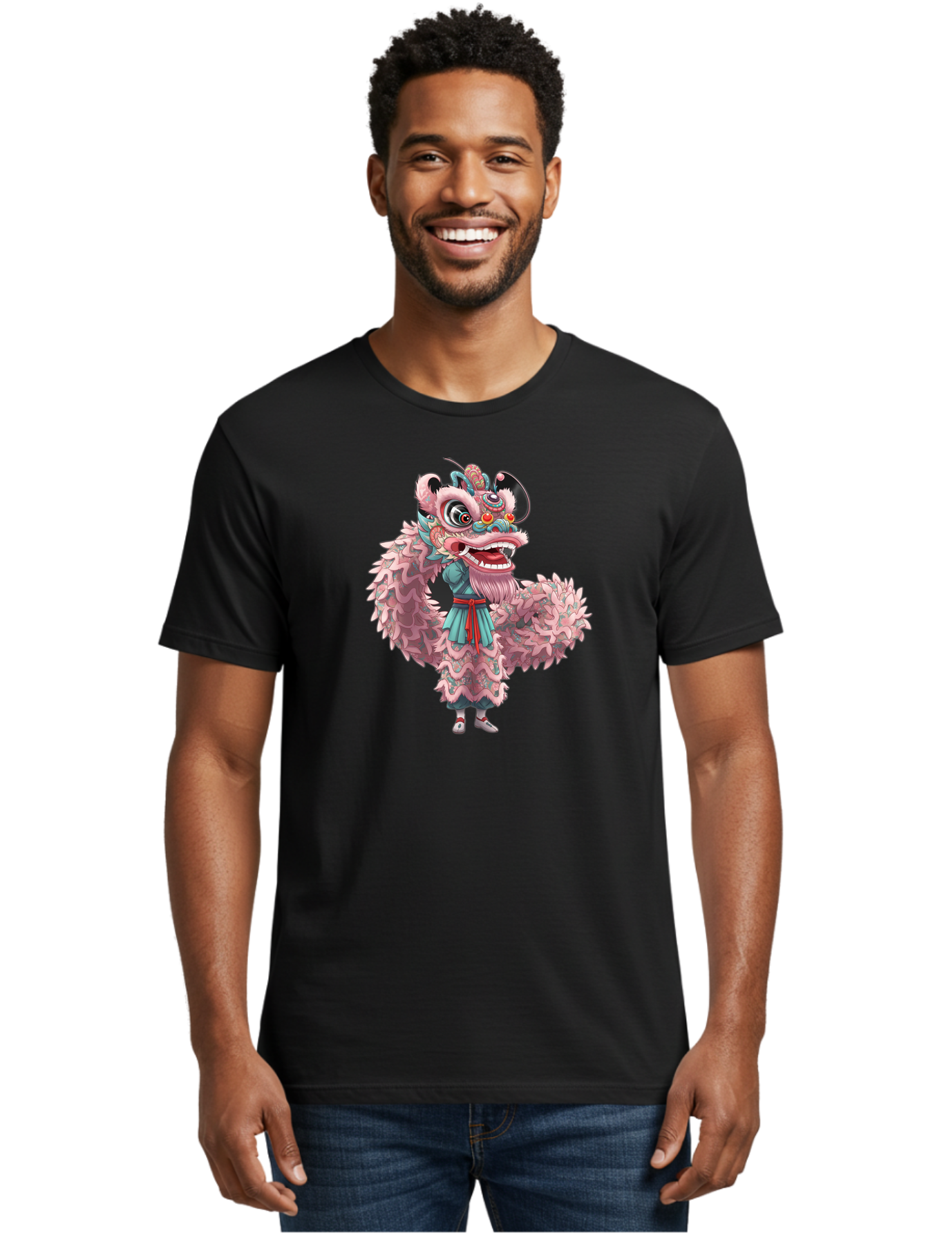 Pastel-Lion-Dance-Costume Men'S Graphic Tee, 100% Cotton, Comfortable Casual Summer Wear, Machine Washable, Lion Dance Costume, Traditional Chinese Dance, Cultural Heritage, Festive Atmosphere, Vibrant Colors, Pink Lion, Teal Robes, Red Sash, Bab068