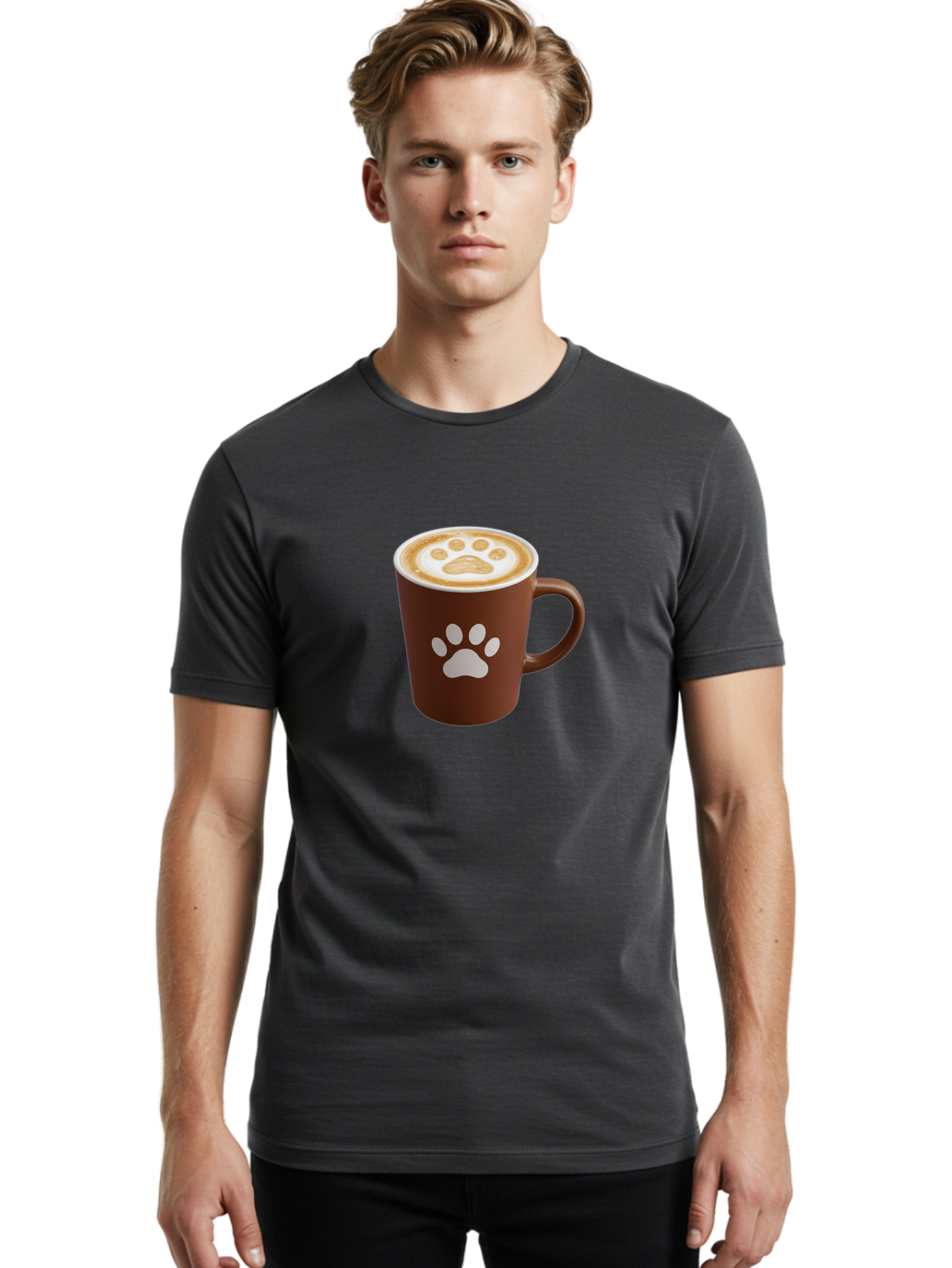 Paw-Print-Coffee-Cup Men'S Graphic Tee, 100% Cotton, Comfortable Casual Summer Wear, Machine Washable, Coffee Cup, Paw Print Design, Latte Art, Cappuccino, Pet Friendly Coffee, Animal Print, Coffee Lover Gift, Cat Paw Print, Dog Paw Print Bab069