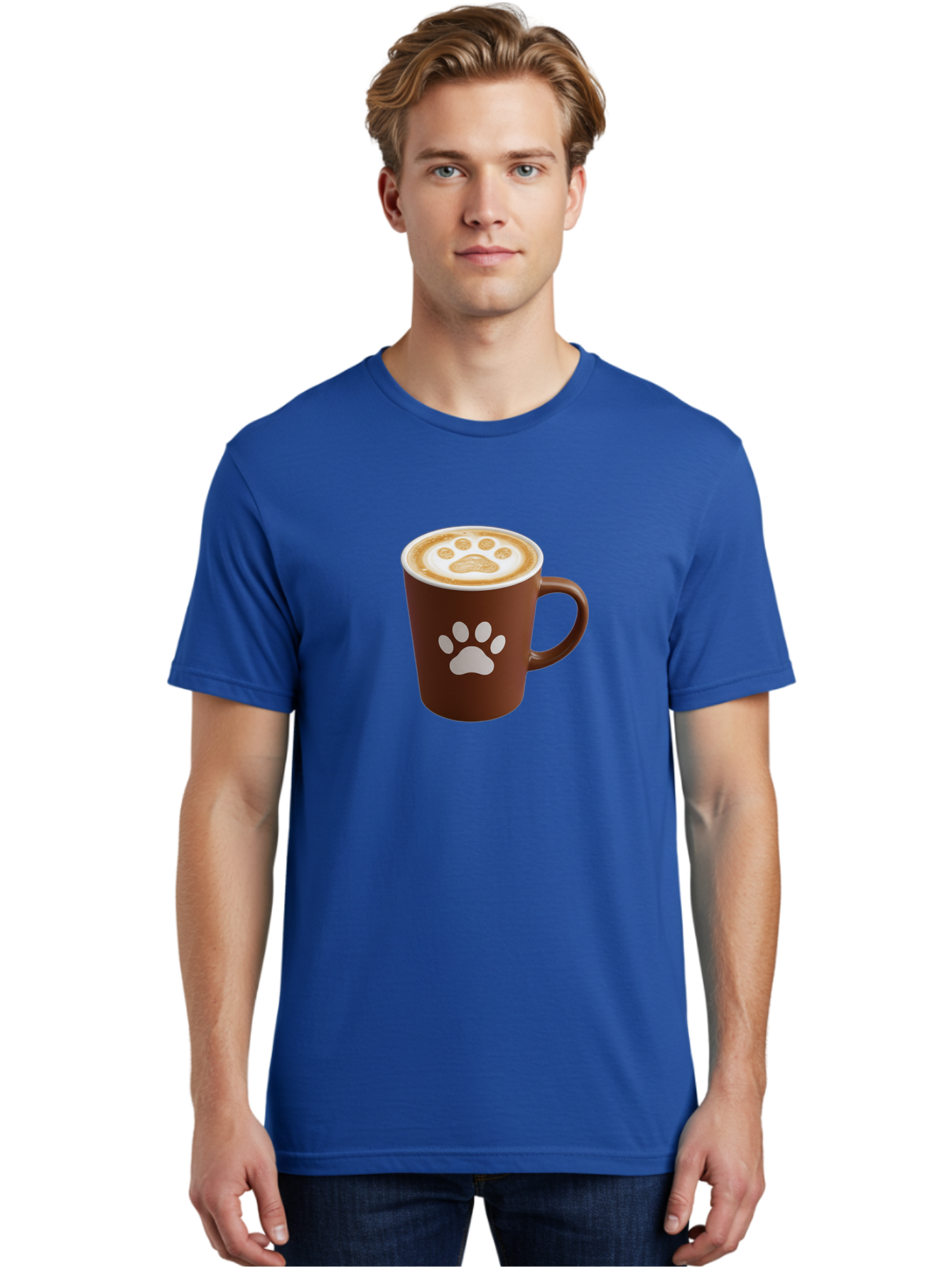 Paw-Print-Coffee-Cup Men'S Graphic Tee, 100% Cotton, Comfortable Casual Summer Wear, Machine Washable, Coffee Cup, Paw Print Design, Latte Art, Cappuccino, Pet Friendly Coffee, Animal Print, Coffee Lover Gift, Cat Paw Print, Dog Paw Print Bab069