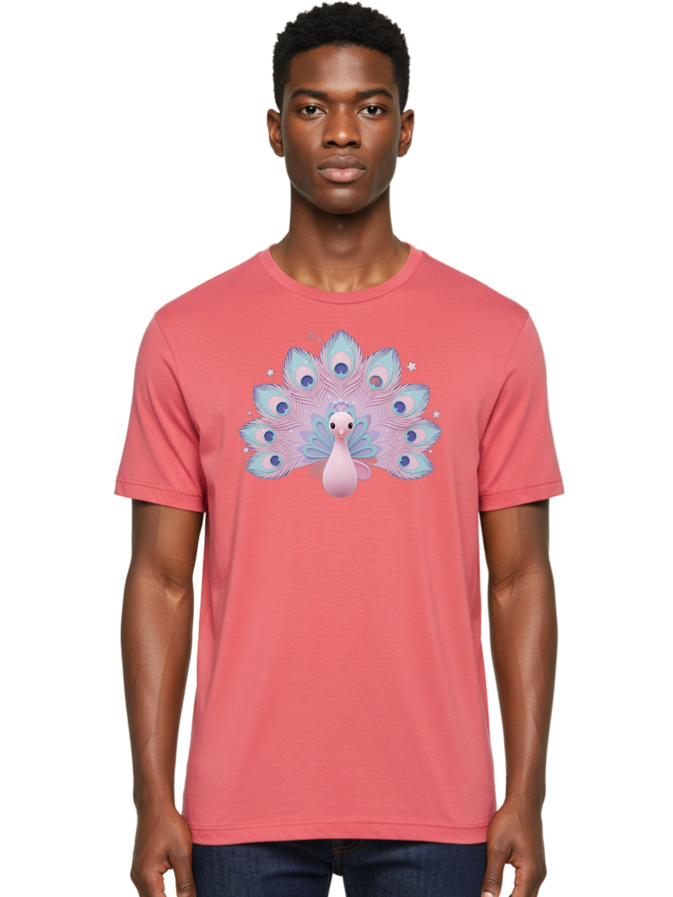 Peacock-1 Men'S Graphic Tee, 100% Cotton, Comfortable Casual Summer Wear, Machine Washable, Cartoon Peacock, Pink Peacock, Blue Feathers, Fantasy Bird, Majestic Plumage, Vibrant Colors, Pastel Hues, Whimsical Design, Stylized Artwork, Bab070