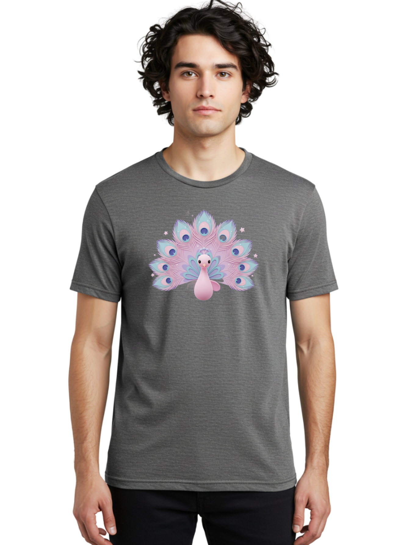 Peacock-1 Men'S Graphic Tee, 100% Cotton, Comfortable Casual Summer Wear, Machine Washable, Cartoon Peacock, Pink Peacock, Blue Feathers, Fantasy Bird, Majestic Plumage, Vibrant Colors, Pastel Hues, Whimsical Design, Stylized Artwork, Bab070