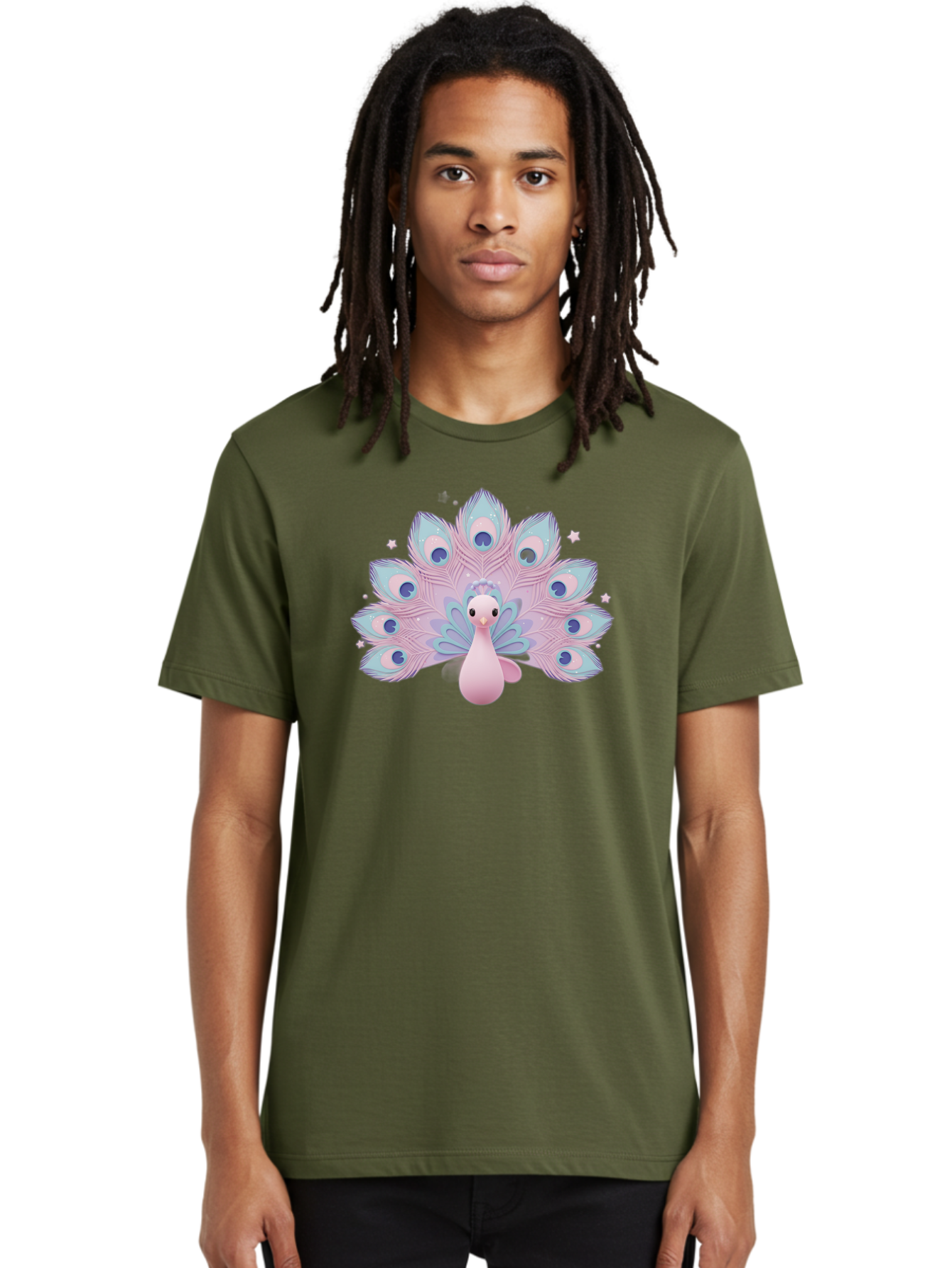 Peacock-1 Men'S Graphic Tee, 100% Cotton, Comfortable Casual Summer Wear, Machine Washable, Cartoon Peacock, Pink Peacock, Blue Feathers, Fantasy Bird, Majestic Plumage, Vibrant Colors, Pastel Hues, Whimsical Design, Stylized Artwork, Bab070