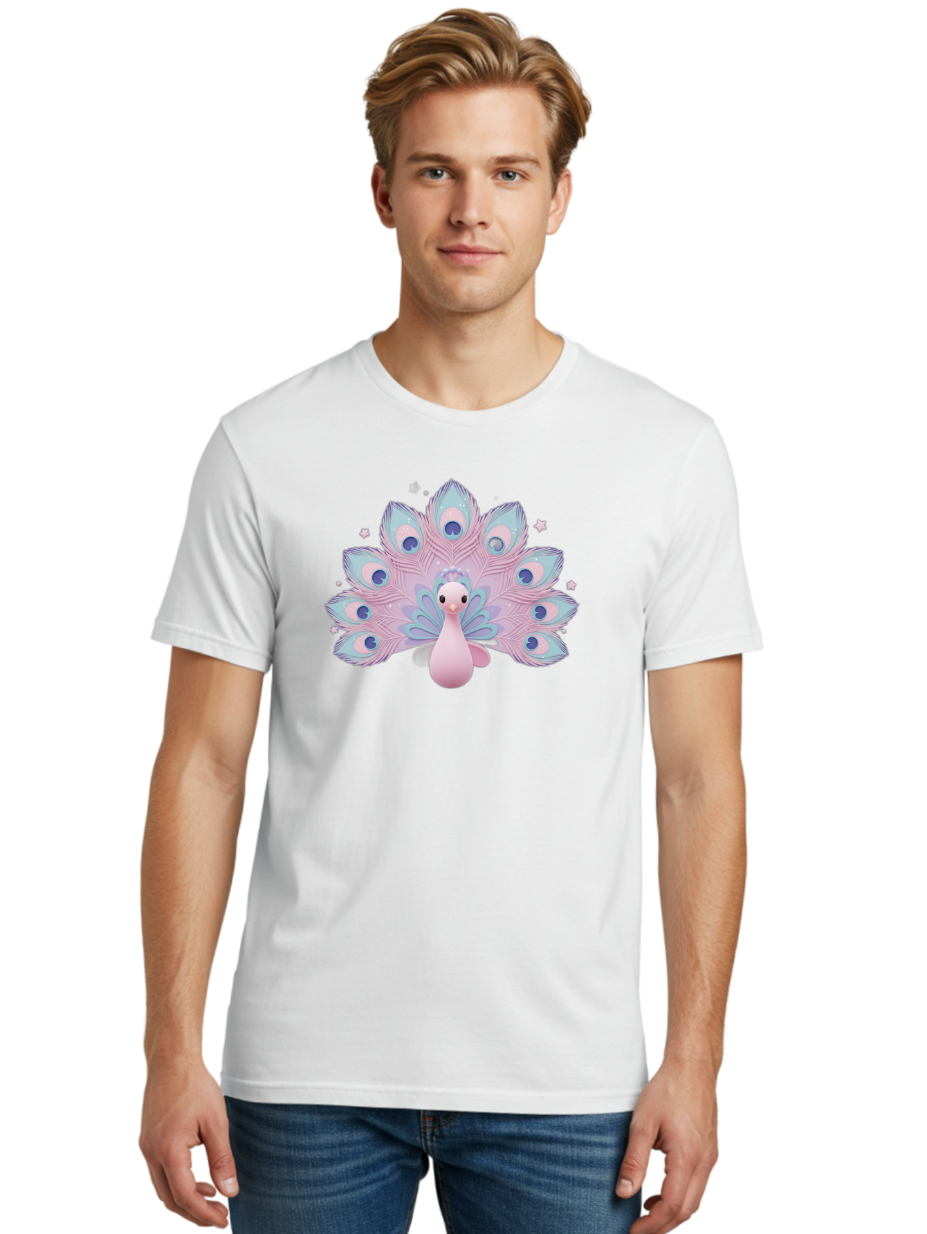 Peacock-1 Men'S Graphic Tee, 100% Cotton, Comfortable Casual Summer Wear, Machine Washable, Cartoon Peacock, Pink Peacock, Blue Feathers, Fantasy Bird, Majestic Plumage, Vibrant Colors, Pastel Hues, Whimsical Design, Stylized Artwork, Bab070