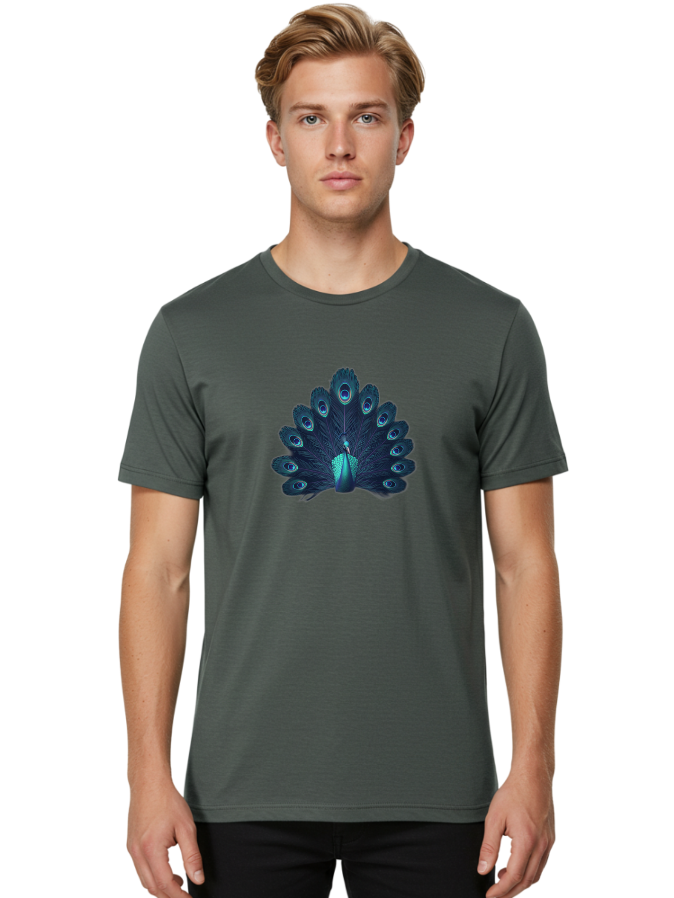 Peacock-10 Men'S Graphic Tee, 100% Cotton, Comfortable Casual Summer Wear, Machine Washable, Peacock Spreading Its Feathers, Blue Eyespots, Vibrant Plumage, Majestic Bird, Iridescent Colors, Natural Beauty, Exotic Wildlife, Stunning Display Bab071