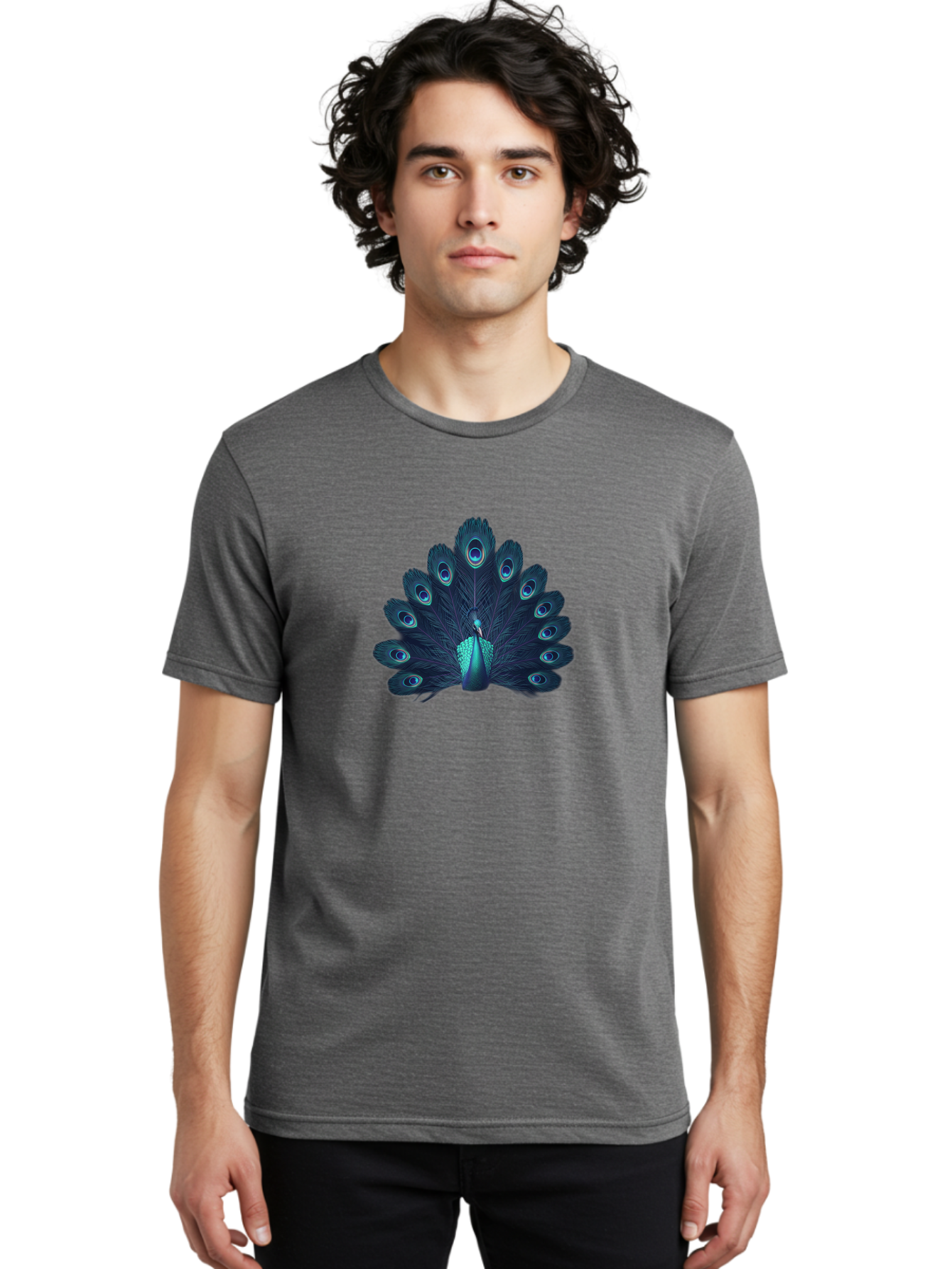 Peacock-10 Men'S Graphic Tee, 100% Cotton, Comfortable Casual Summer Wear, Machine Washable, Peacock Spreading Its Feathers, Blue Eyespots, Vibrant Plumage, Majestic Bird, Iridescent Colors, Natural Beauty, Exotic Wildlife, Stunning Display Bab071