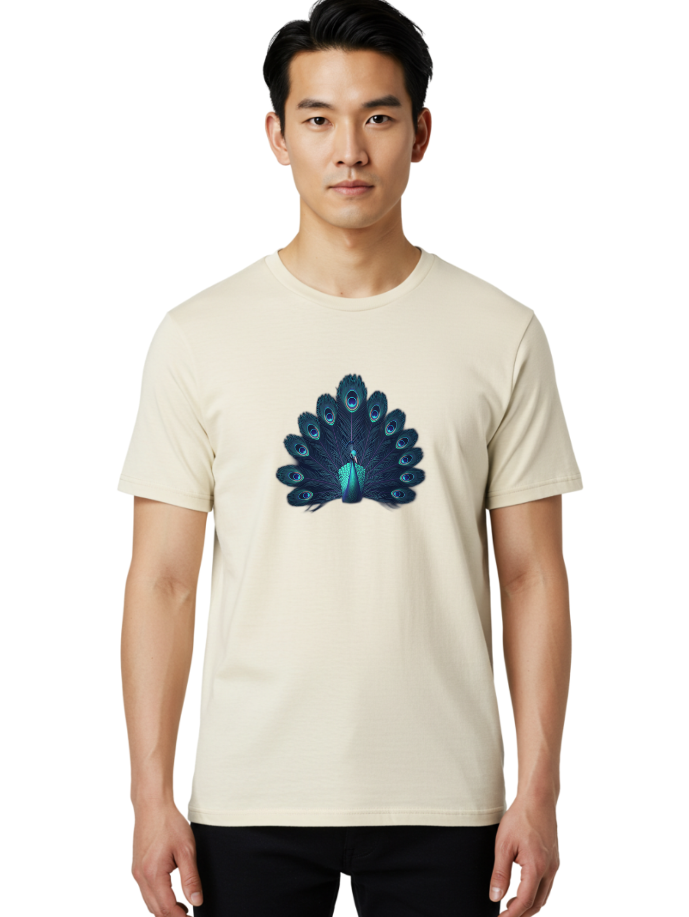 Peacock-10 Men'S Graphic Tee, 100% Cotton, Comfortable Casual Summer Wear, Machine Washable, Peacock Spreading Its Feathers, Blue Eyespots, Vibrant Plumage, Majestic Bird, Iridescent Colors, Natural Beauty, Exotic Wildlife, Stunning Display Bab071