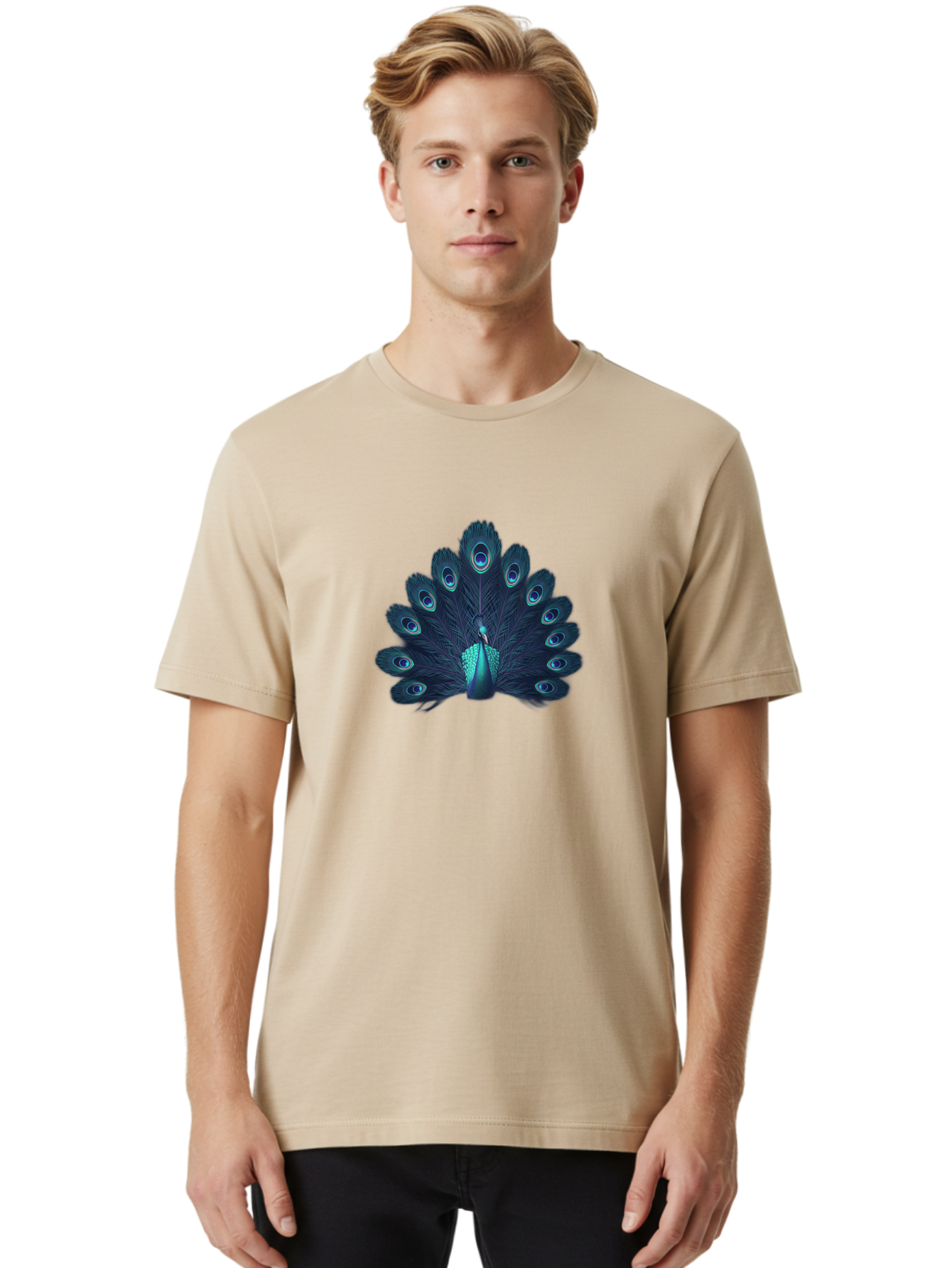 Peacock-10 Men'S Graphic Tee, 100% Cotton, Comfortable Casual Summer Wear, Machine Washable, Peacock Spreading Its Feathers, Blue Eyespots, Vibrant Plumage, Majestic Bird, Iridescent Colors, Natural Beauty, Exotic Wildlife, Stunning Display Bab071