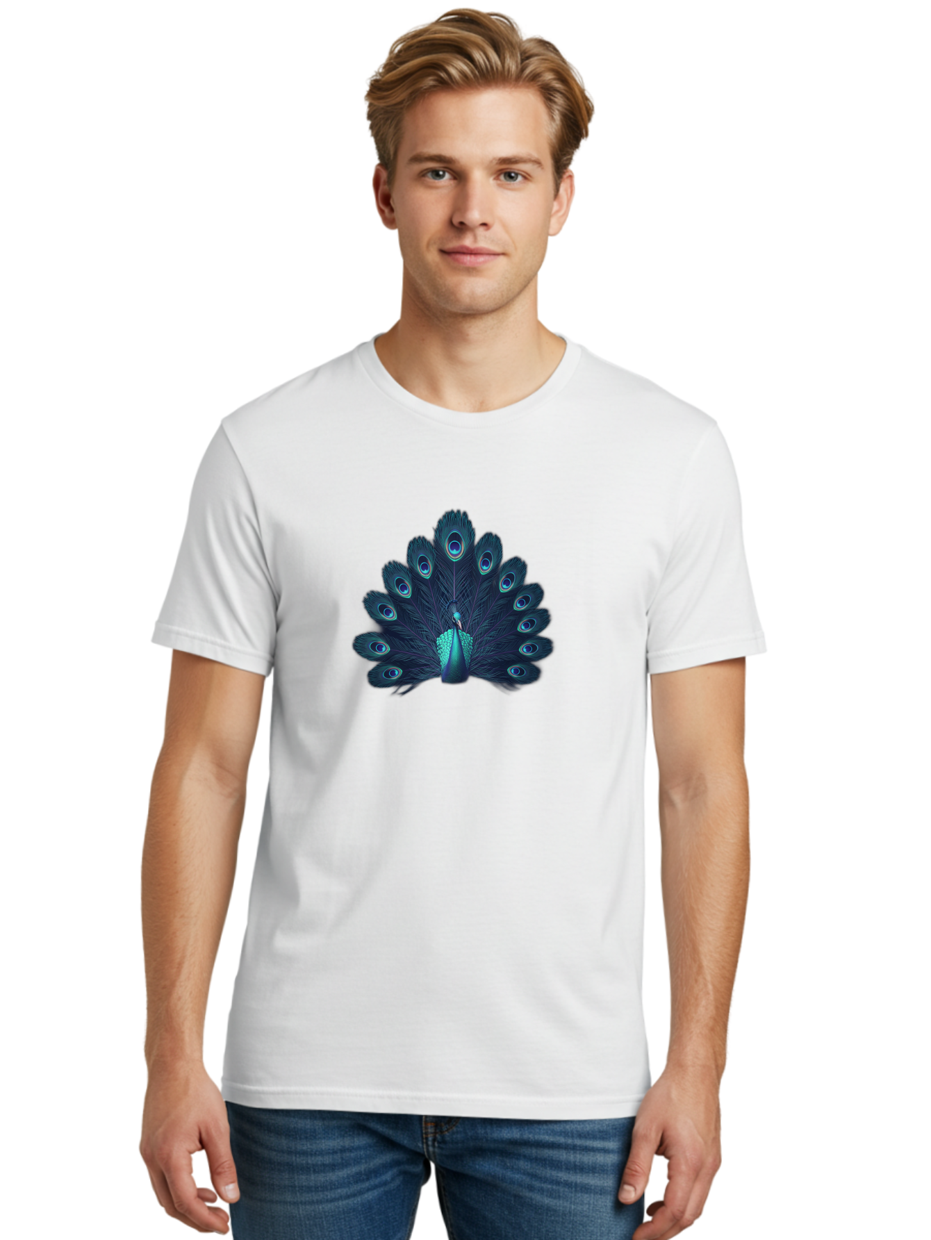 Peacock-10 Men'S Graphic Tee, 100% Cotton, Comfortable Casual Summer Wear, Machine Washable, Peacock Spreading Its Feathers, Blue Eyespots, Vibrant Plumage, Majestic Bird, Iridescent Colors, Natural Beauty, Exotic Wildlife, Stunning Display Bab071